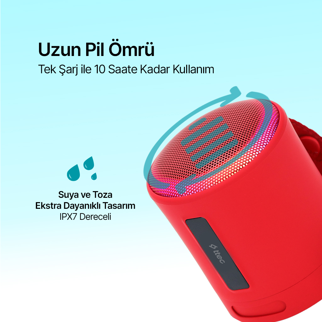 Kırmızı, su geçirmez hoparlör, uzun pil ömrü ve IPX7 derecesi ile.