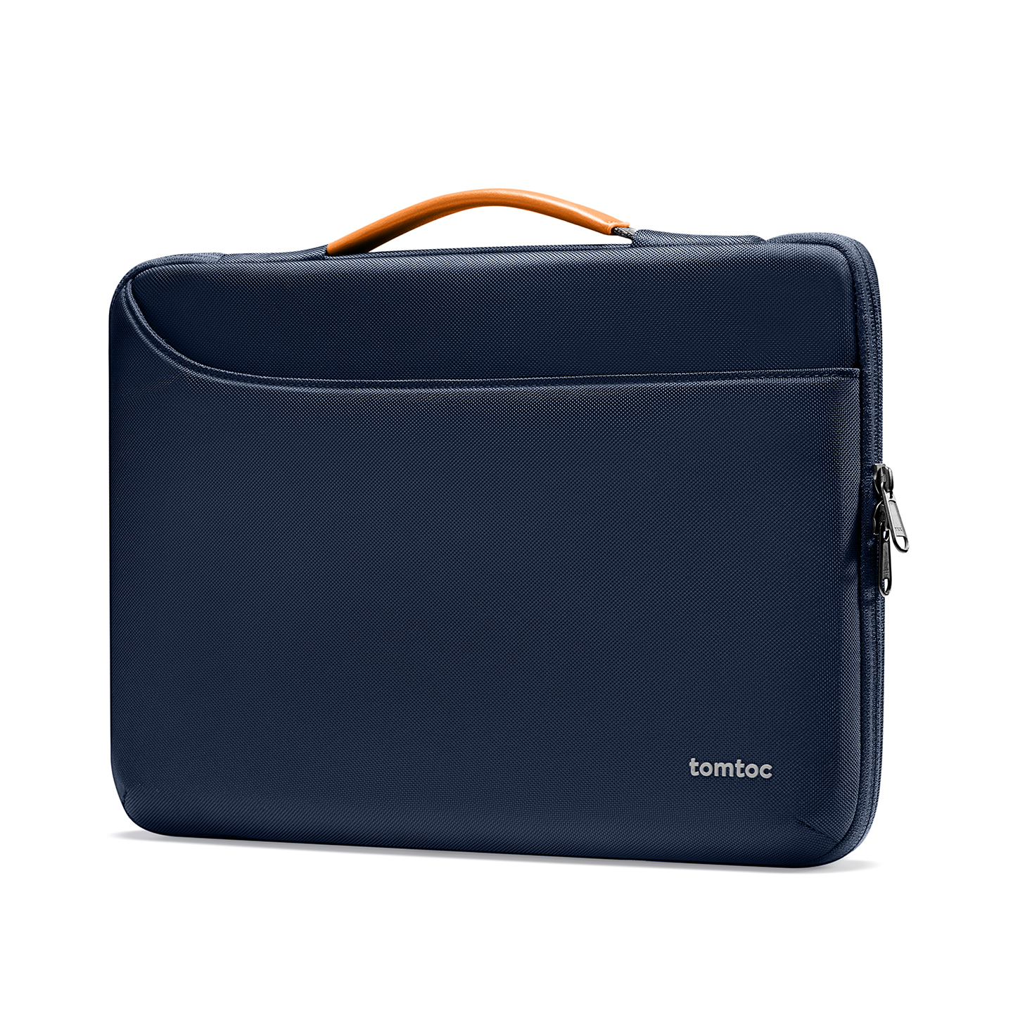 Kahverengi saplı ve fermuarlı lacivert laptop çantası, Tomtoc markalı.