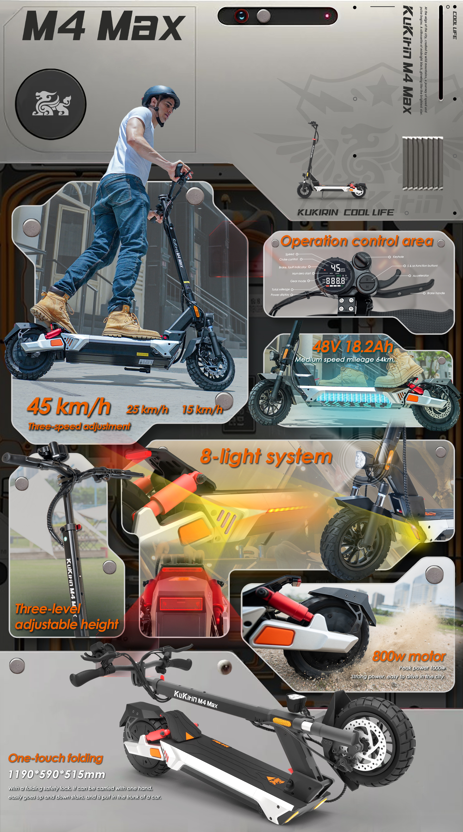 Un uomo guida uno scooter elettrico con tre impostazioni di velocità e altezza regolabile.