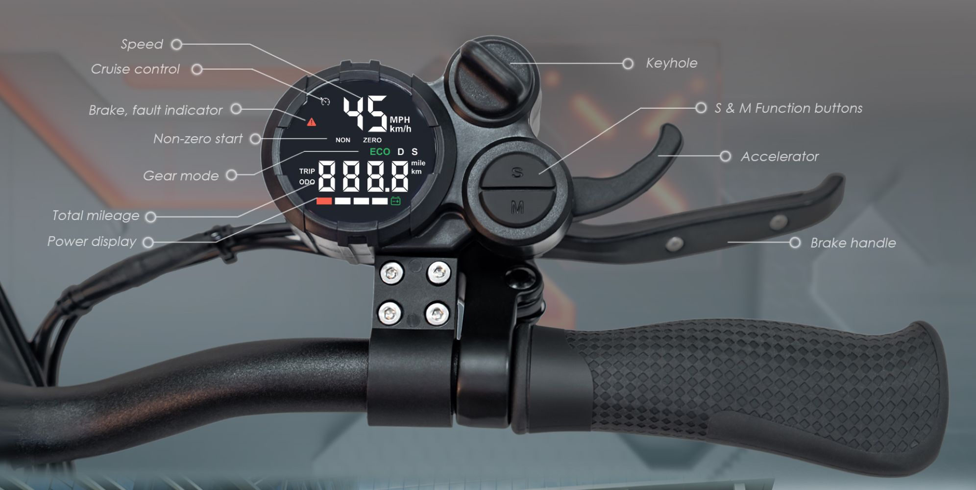 Manubrio monopattino elettrico con display digitale: velocità, modalità, chilometraggio.