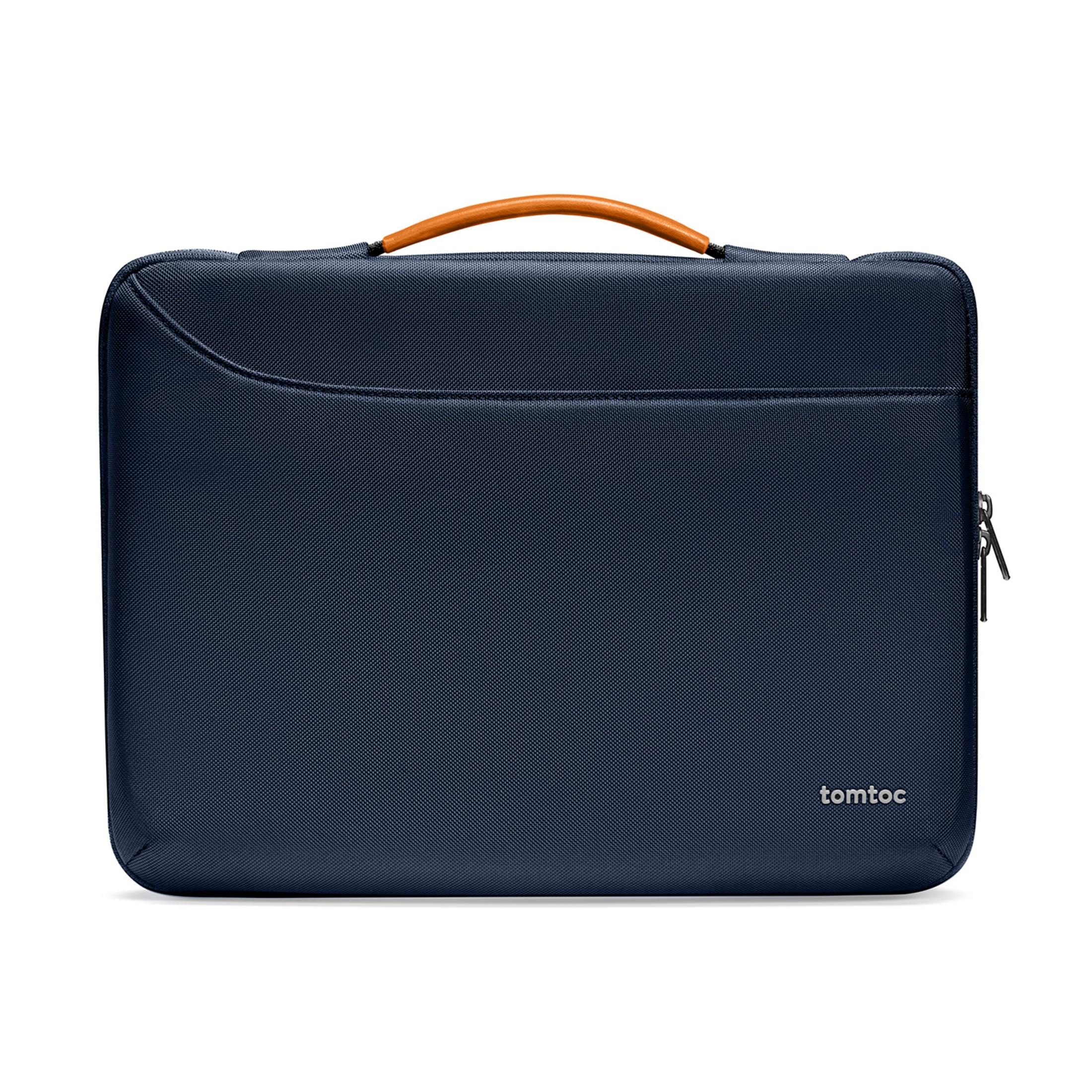 Borsa blu scuro per laptop con manico e cerniera marroni.