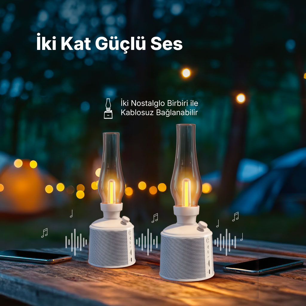 Yanlarında telefonlar olan, ışıklı iki beyaz fener tipi hoparlör.