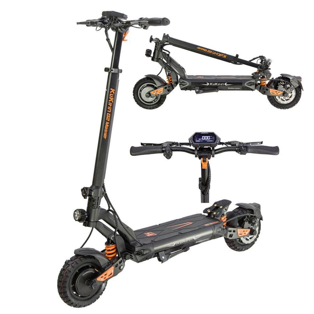 Tre viste di uno scooter elettrico nero con accenti arancioni.
