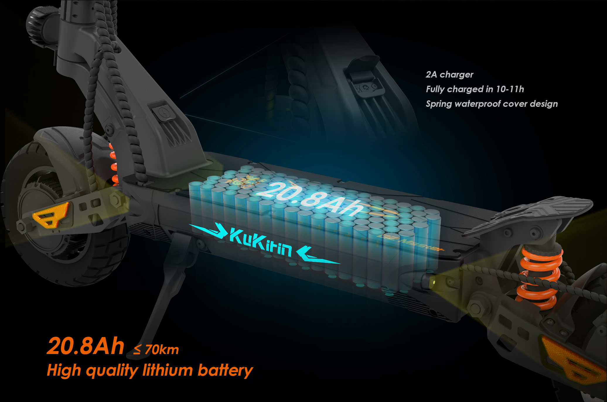 Batteria monopattino elettrico da 20,8 Ah con sospensioni. Tempo di ricarica 10-11h.