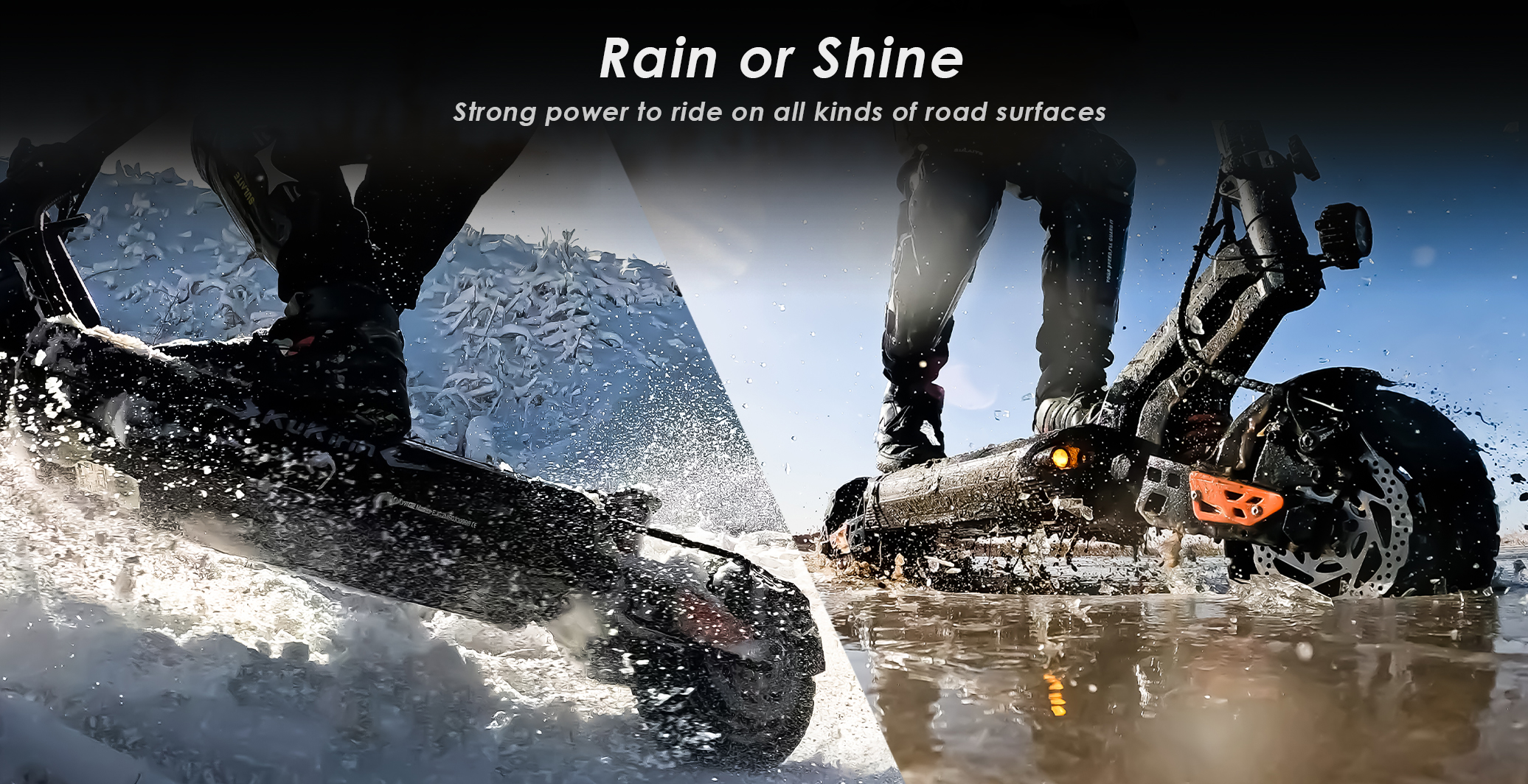 Uno scooter elettrico cavalca nella neve e nel fango. Testo: Rain or Shine.