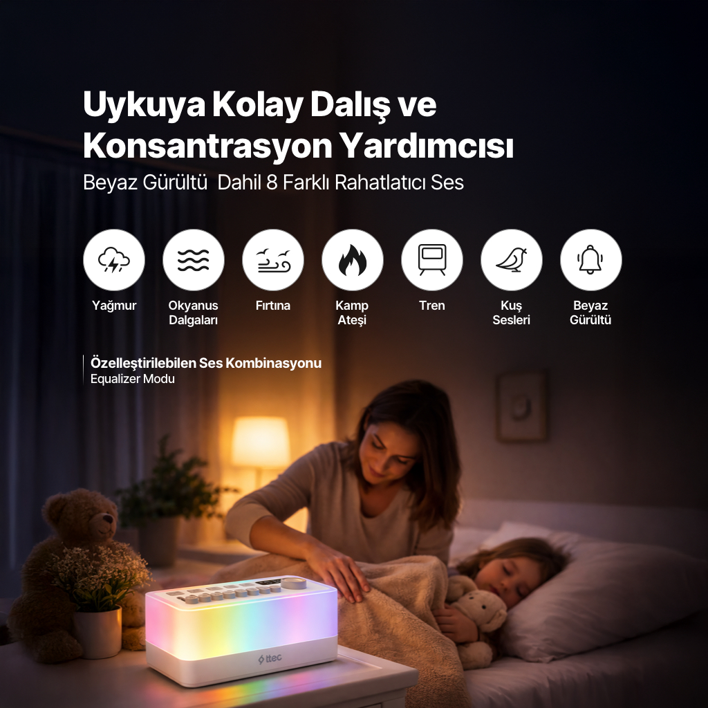Bir kadın, uyuyan bir çocuğun yanında komodinin üzerindeki renkli ışıklı cihazı ayarlıyor.