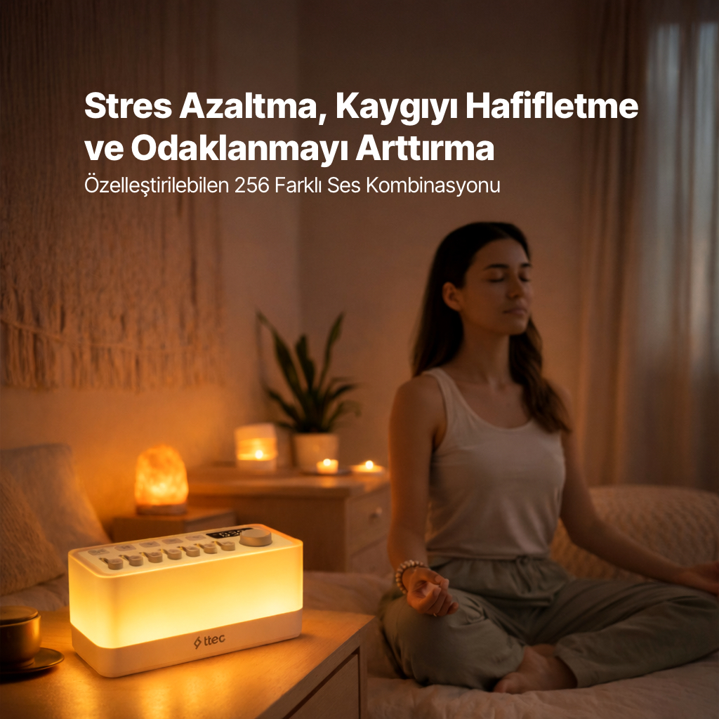 Kadın, mum ışığıyla aydınlatılmış bir odada, parlayan bir cihazın yanında meditasyon yapıyor.