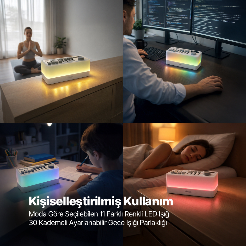 Dört sahne ayarlanabilir renk ve parlaklığa sahip bir komodin lambası gösteriyor.
