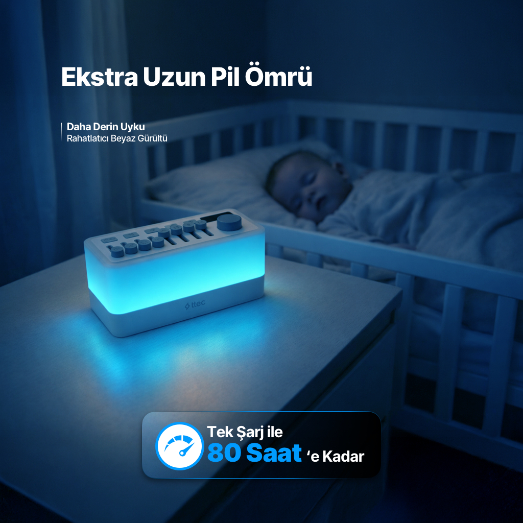 Bebek beşiğinde uyuyor, yanında parlak bir cihaz var.