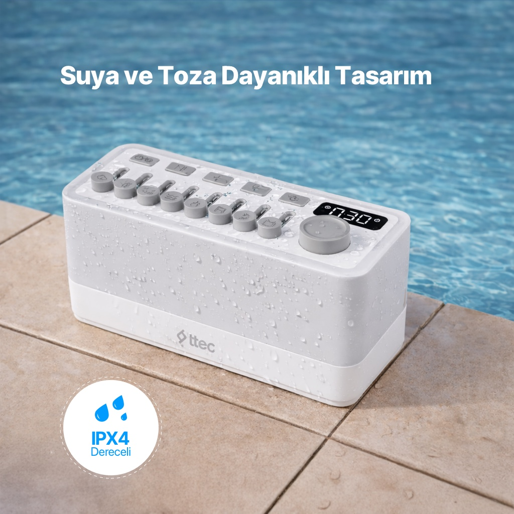 Düğmeli ve ekranlı beyaz, suya dayanıklı cihaz, havuz kenarında.