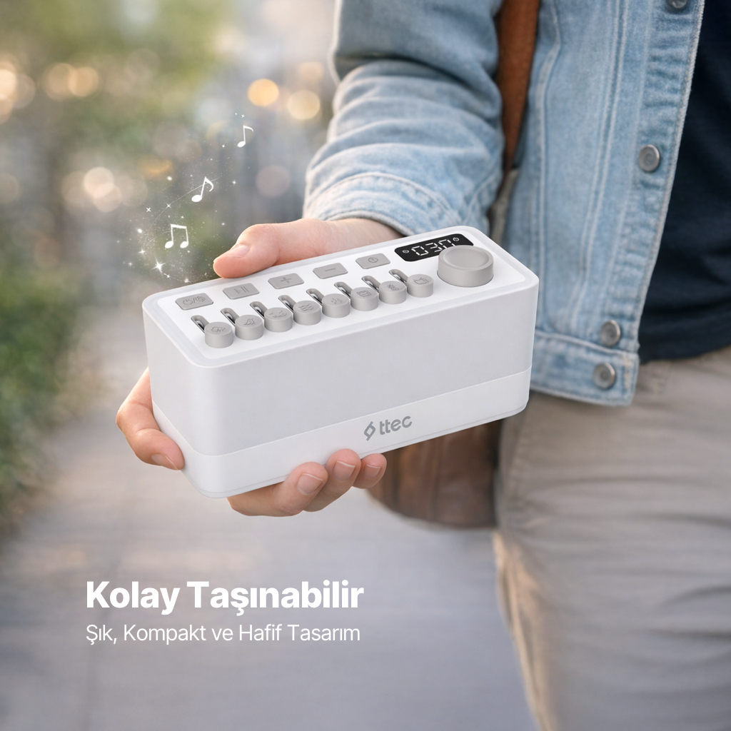 Bir kişi dışarıda düğmeleri ve ekranı olan beyaz bir Ttec cihazı tutuyor.