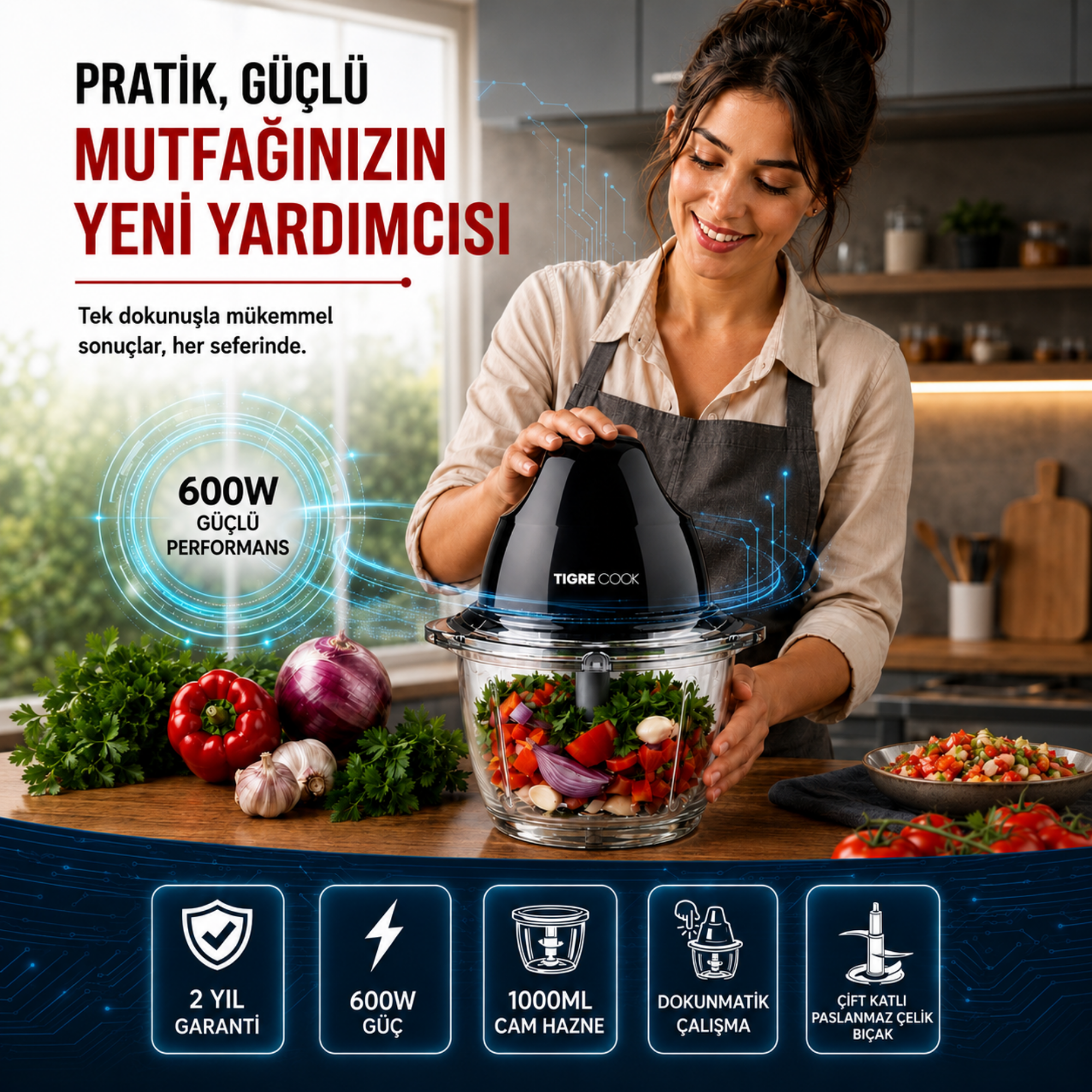 Bir kadın sebzelerle mutfak robotu kullanıyor. Güç ve garanti bilgileri gösteriliyor.