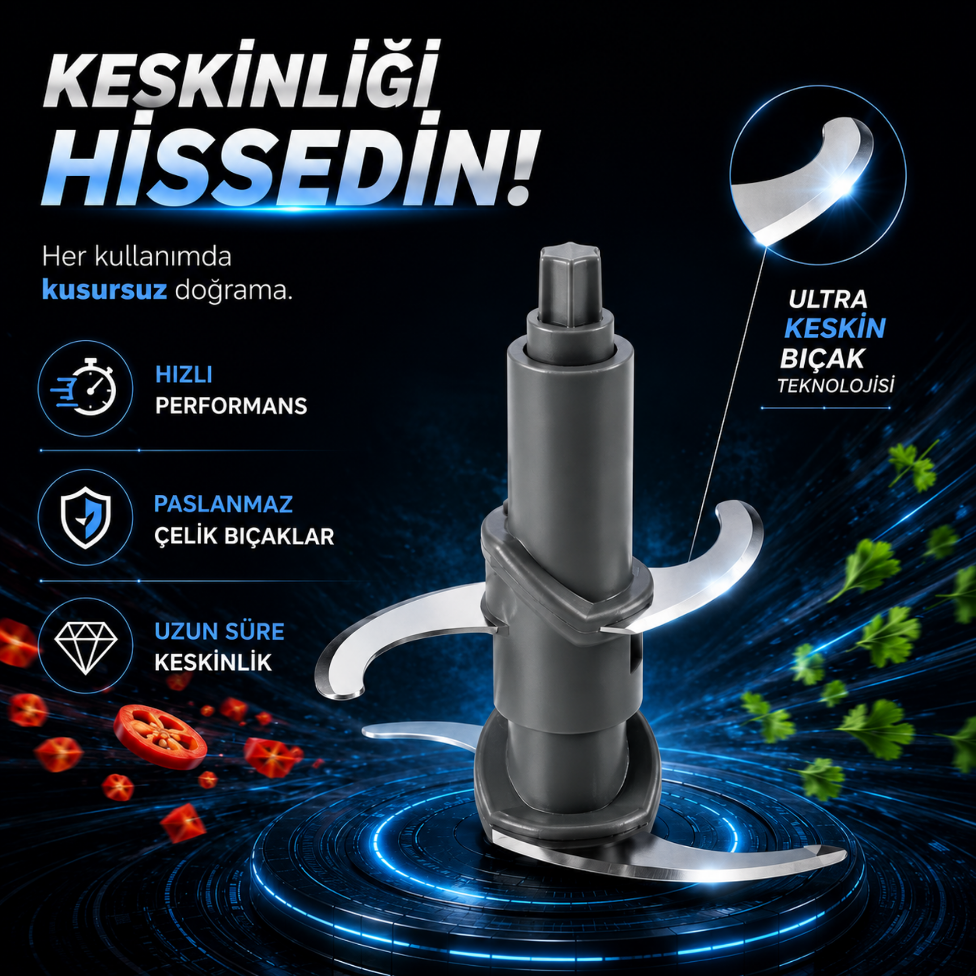 Koyu arka plan üzerinde stilize edilmiş otlar ve domateslerle keskin bıçak takımı.