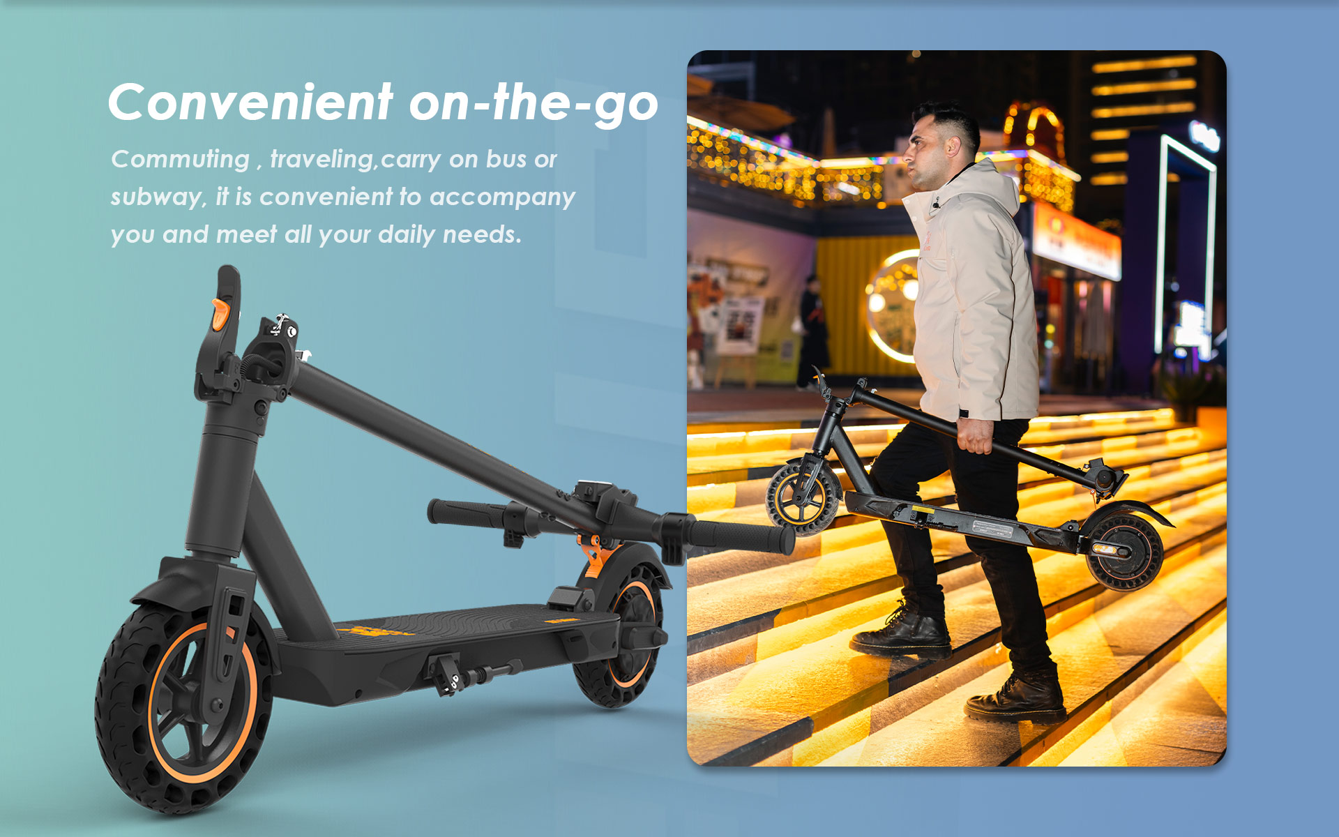 Un uomo porta uno scooter elettrico nero piegato su scale illuminate di notte.