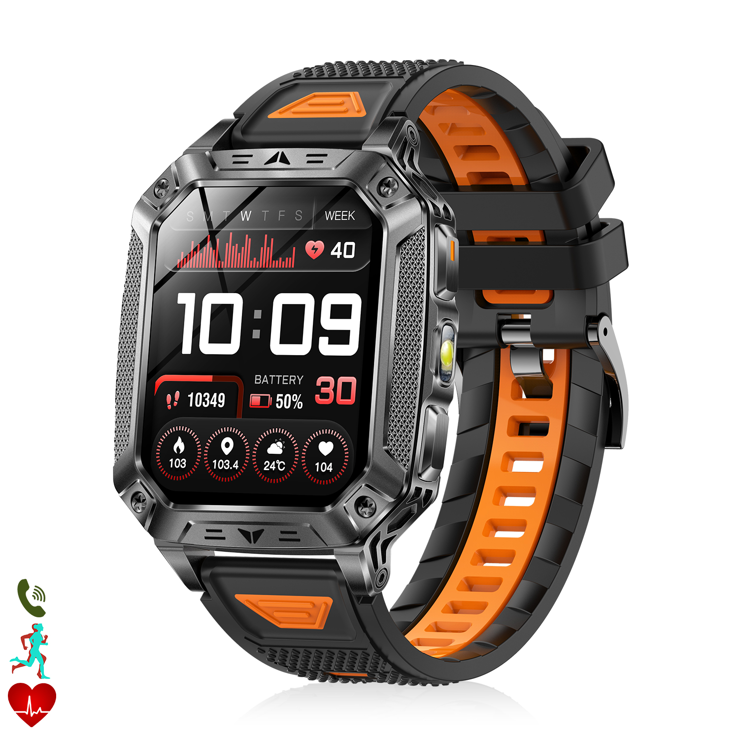 Reloj inteligente negro con detalles naranjas, muestra las 10:09, 50% de batería.