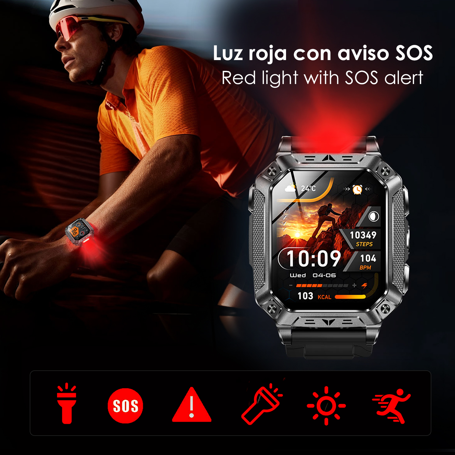 Un hombre en bicicleta con un reloj inteligente que emite una luz roja de SOS.