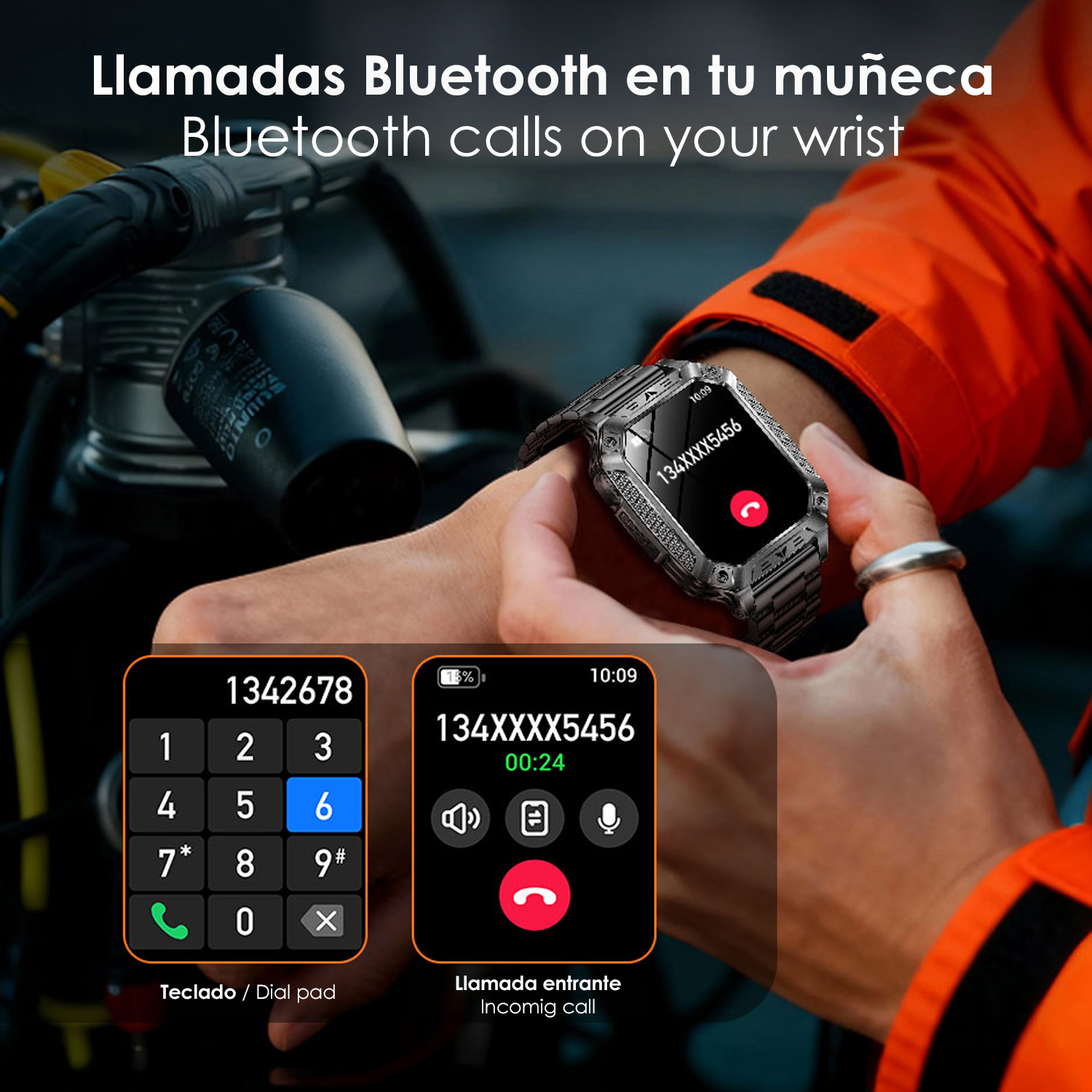 Un smartwatch muestra una llamada entrante, con un teclado cerca.