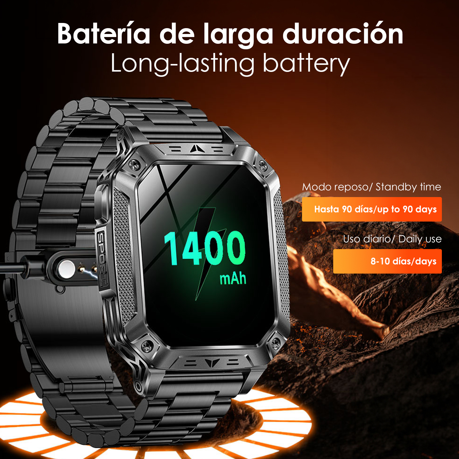 Reloj inteligente negro con pantalla grande que muestra 1400 mAh.