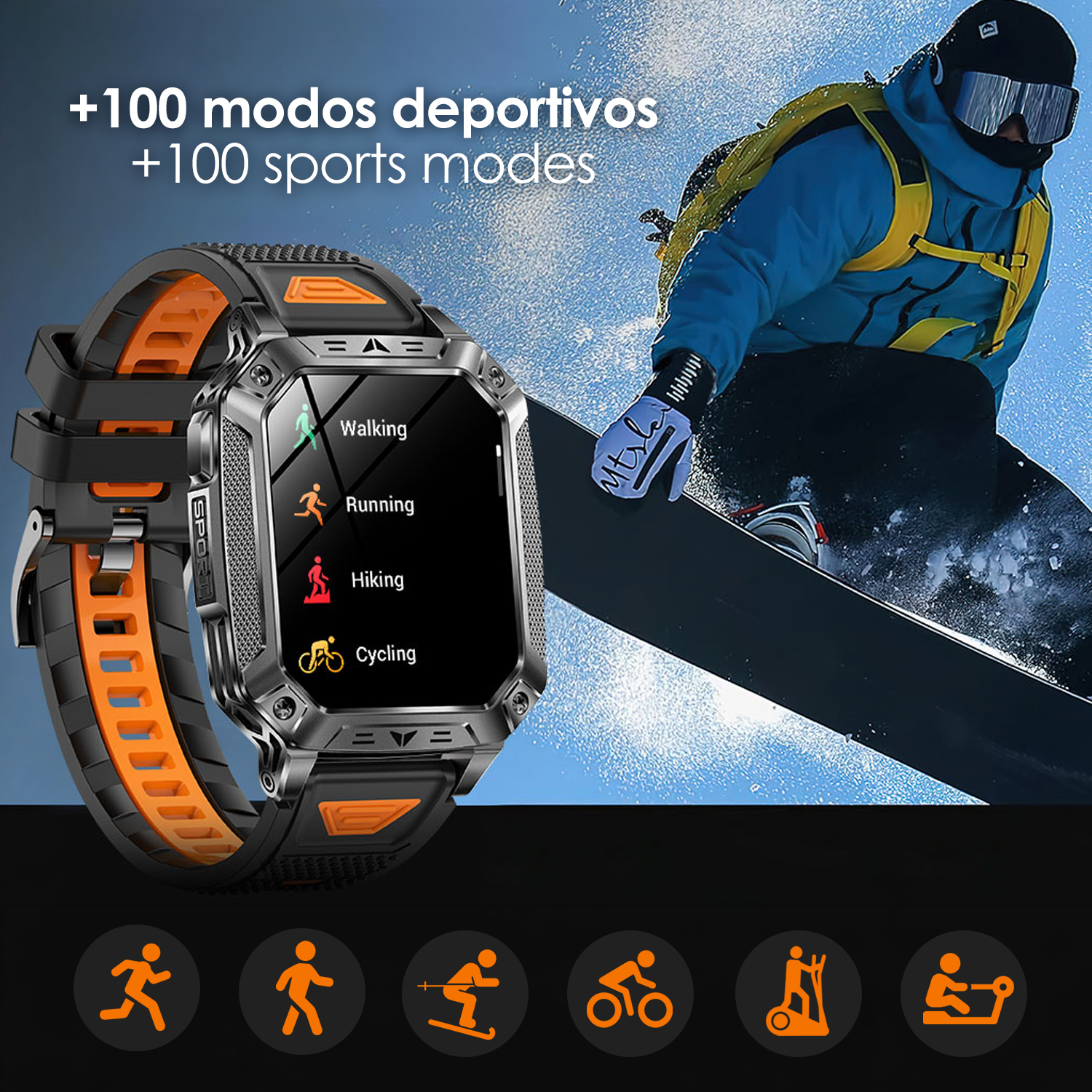 Un reloj deportivo con un snowboarder al fondo. El reloj muestra modos deportivos como caminar, correr, senderismo, ciclismo.