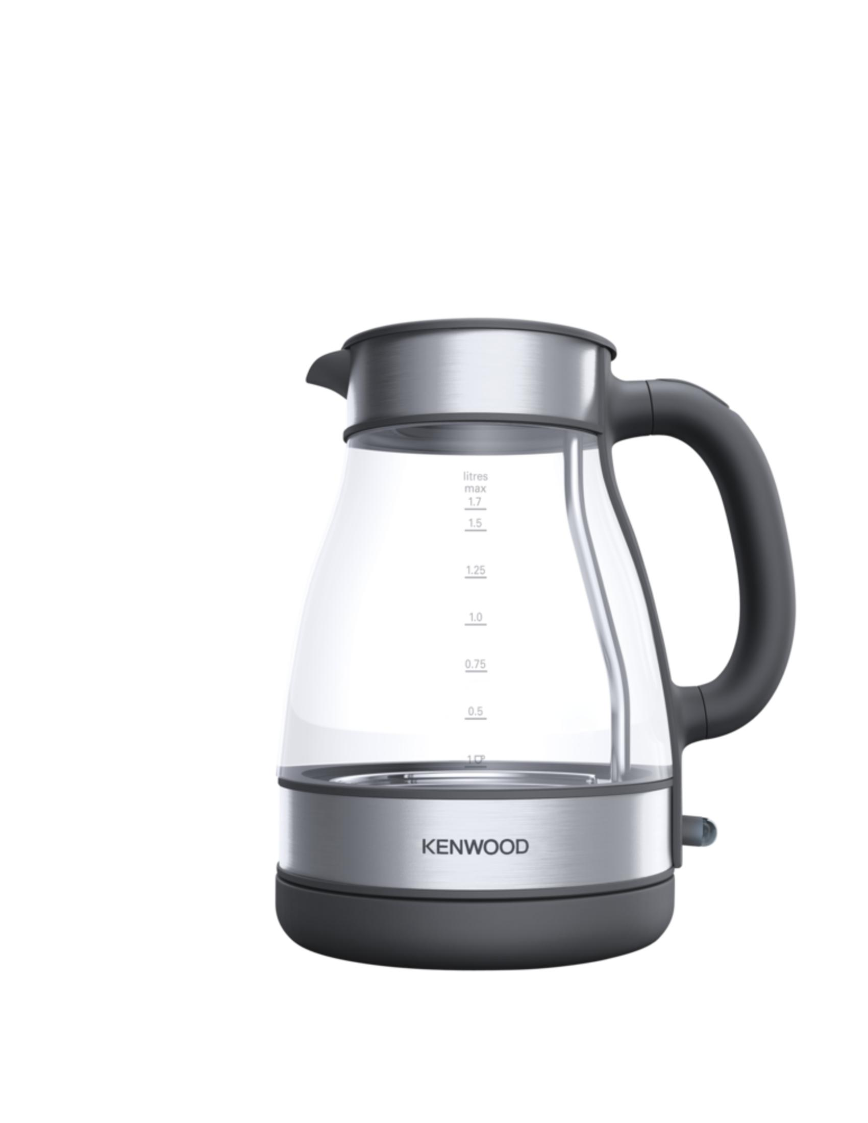 Ein transparenter Kenwood Wasserkocher mit schwarzem Griff und Metallbasis.