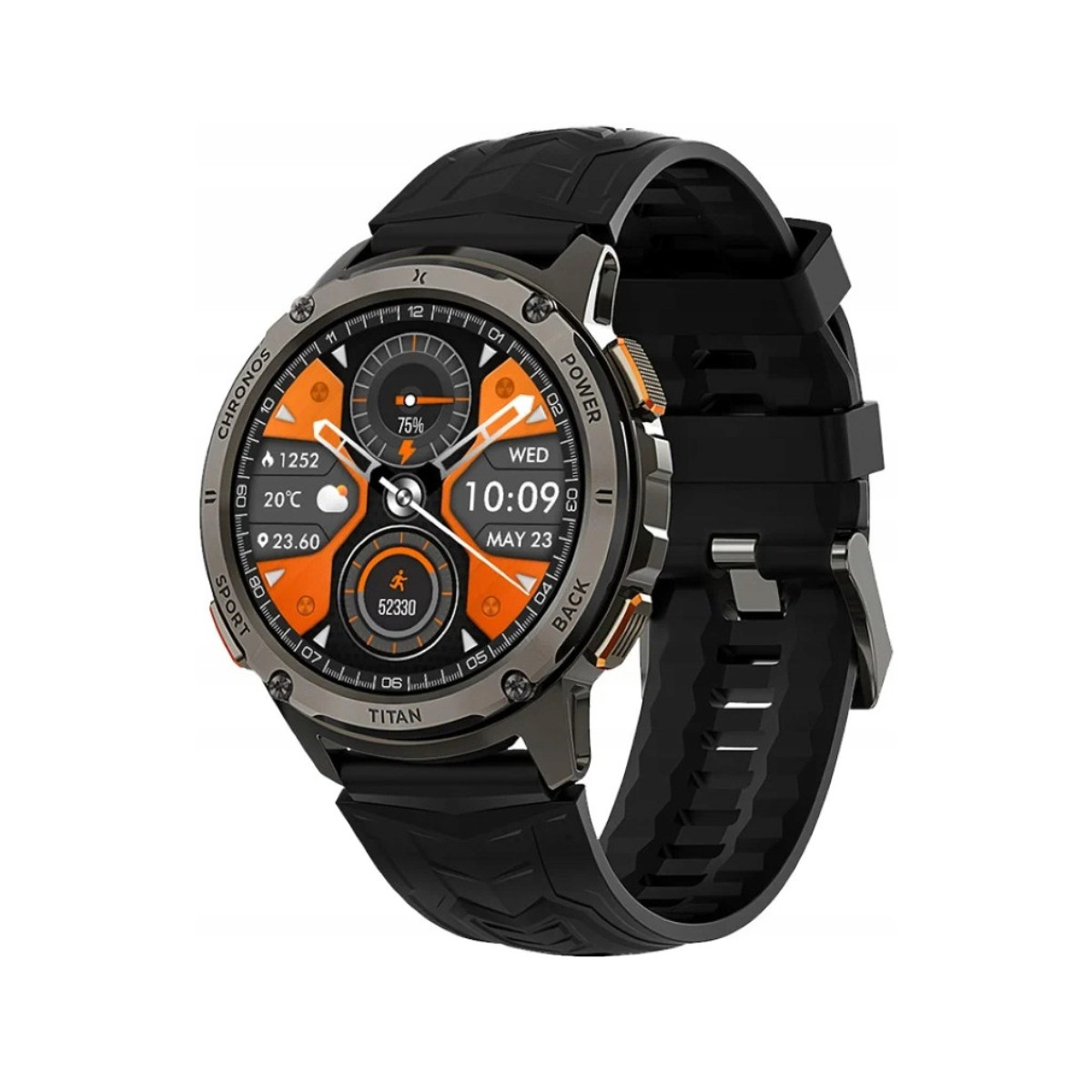 Uno smartwatch nero con quadrante arancione che mostra le 10:09.