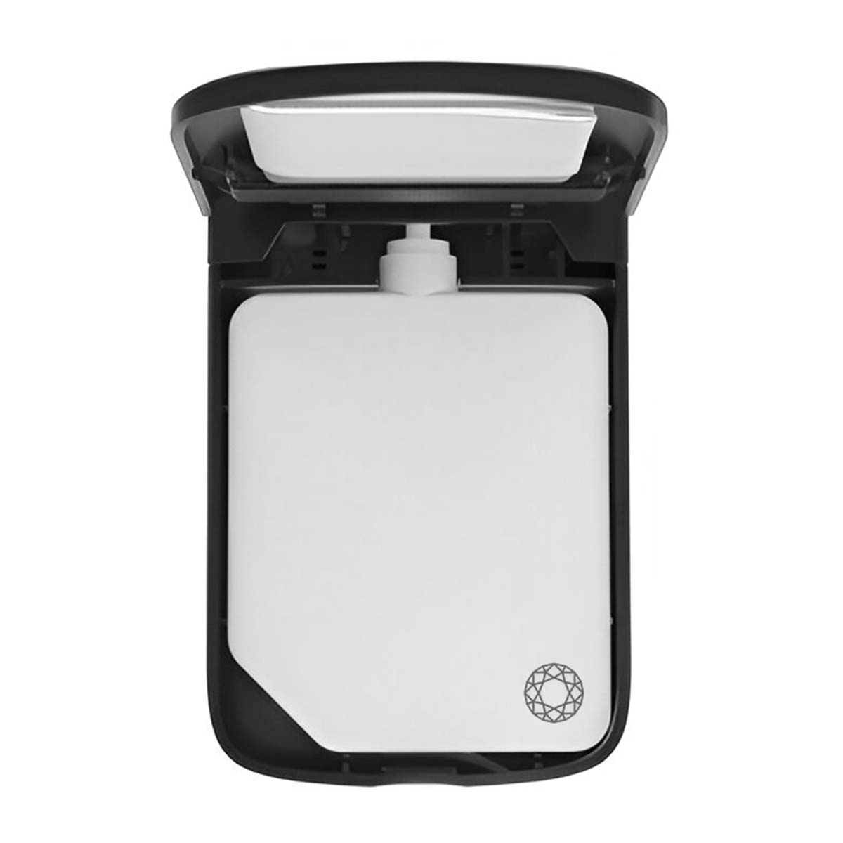 Un dispenser di sapone bianco con cassa, pompa e coperchio neri.