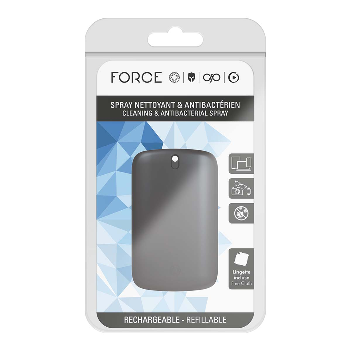 Confezione spray detergente FORCE. Flacone grigio con icone.