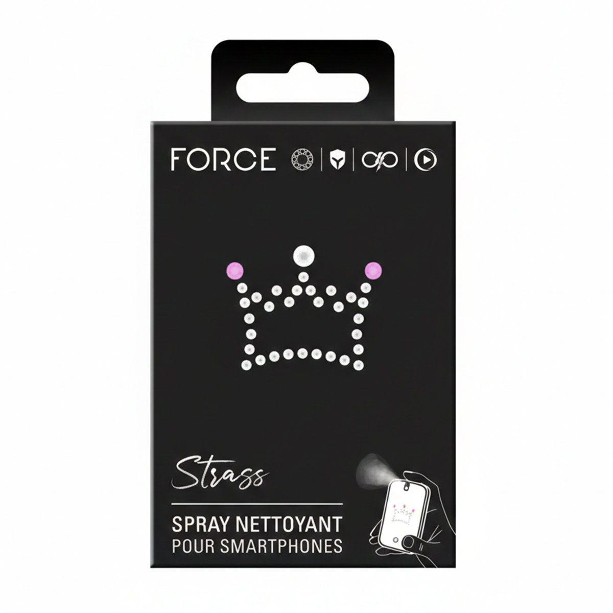 Scatola con corona di strass, testo: 'Strass Spray Nettoyant Pour Smartphones'.