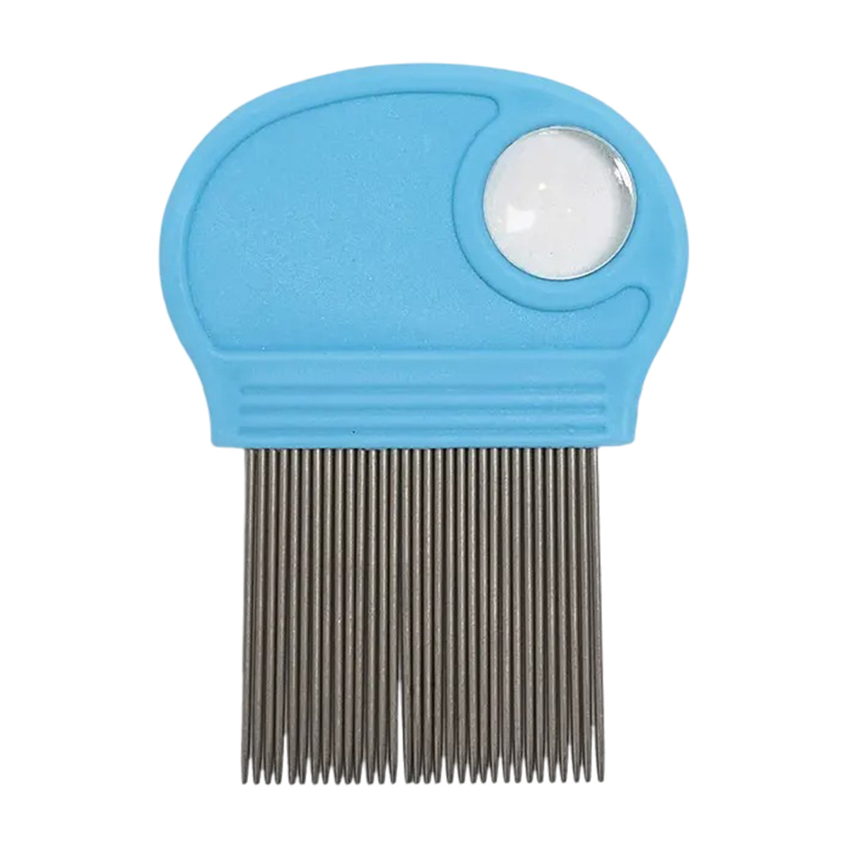 Un pettine blu con denti metallici sottili e una lente d'ingrandimento nel manico.