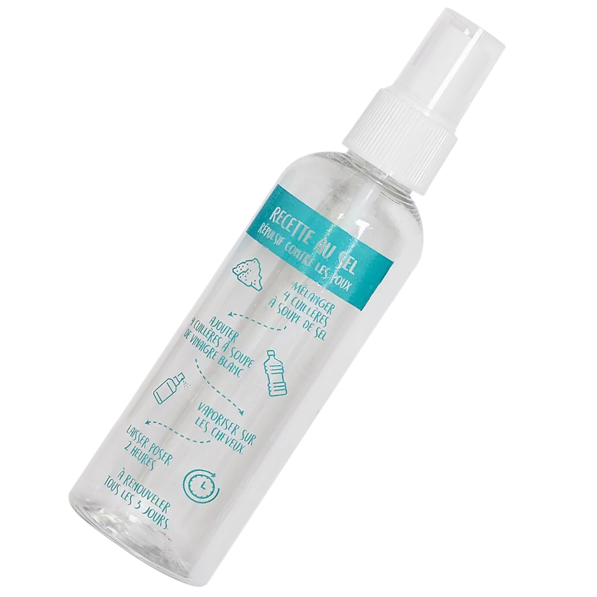 Una bottiglia spray trasparente con etichetta che mostra le istruzioni per un repellente per pidocchi a base di sale.