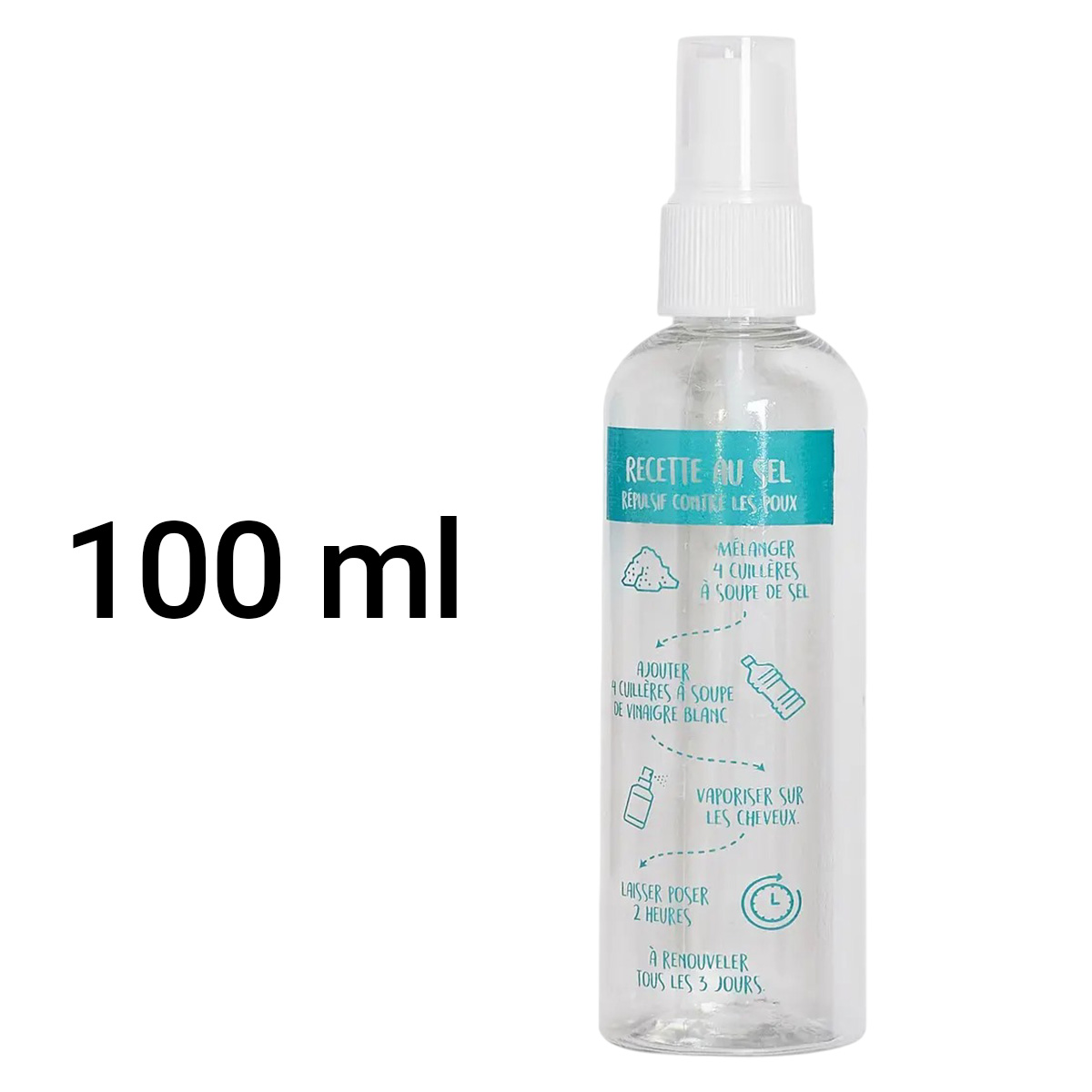 Flacone spray da 100 ml con istruzioni per creare un repellente per pidocchi.