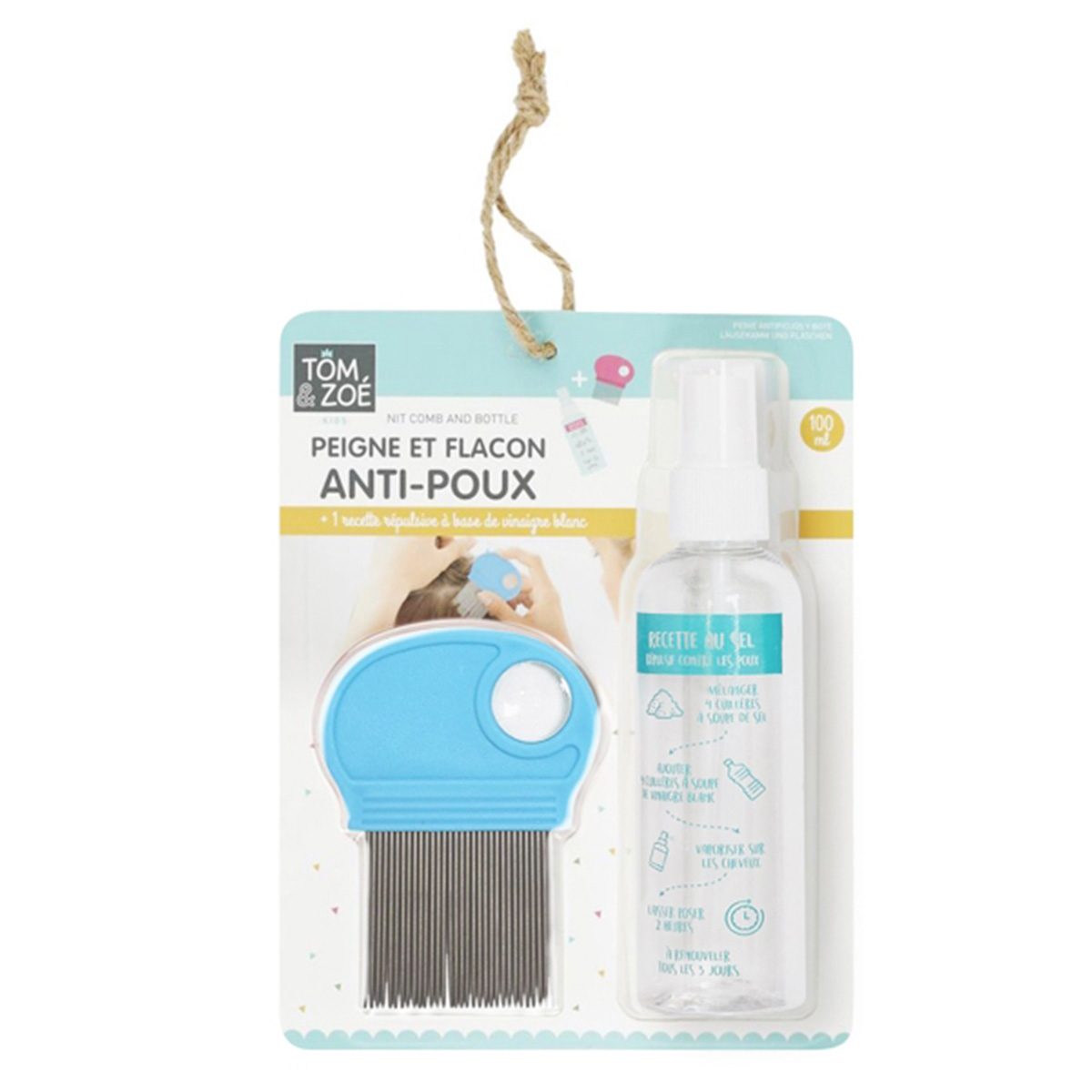 Un pettine per pidocchi blu e una bottiglia spray con istruzioni.