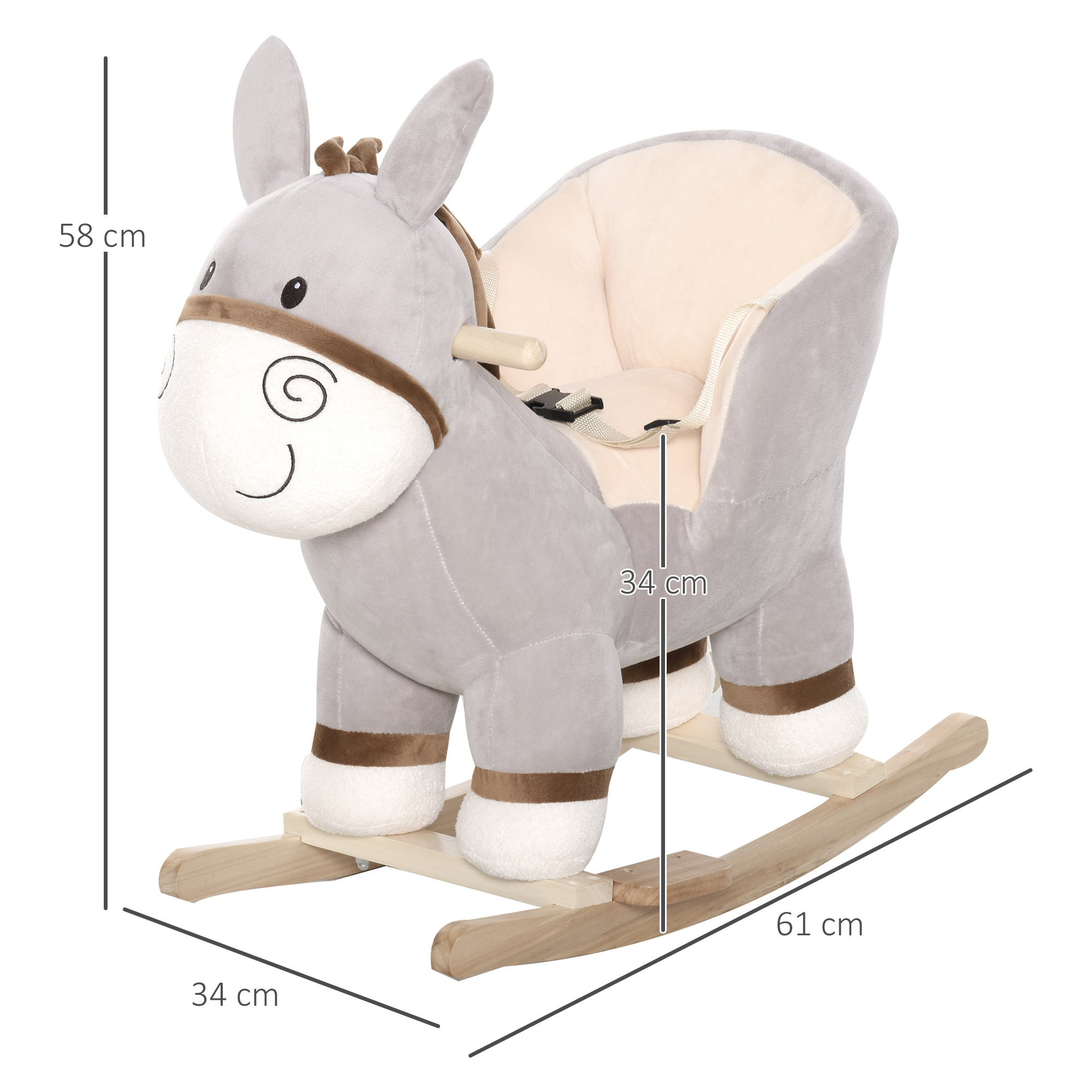 Juguete de peluche gris para mecerse con forma de burro, asiento y base de madera.