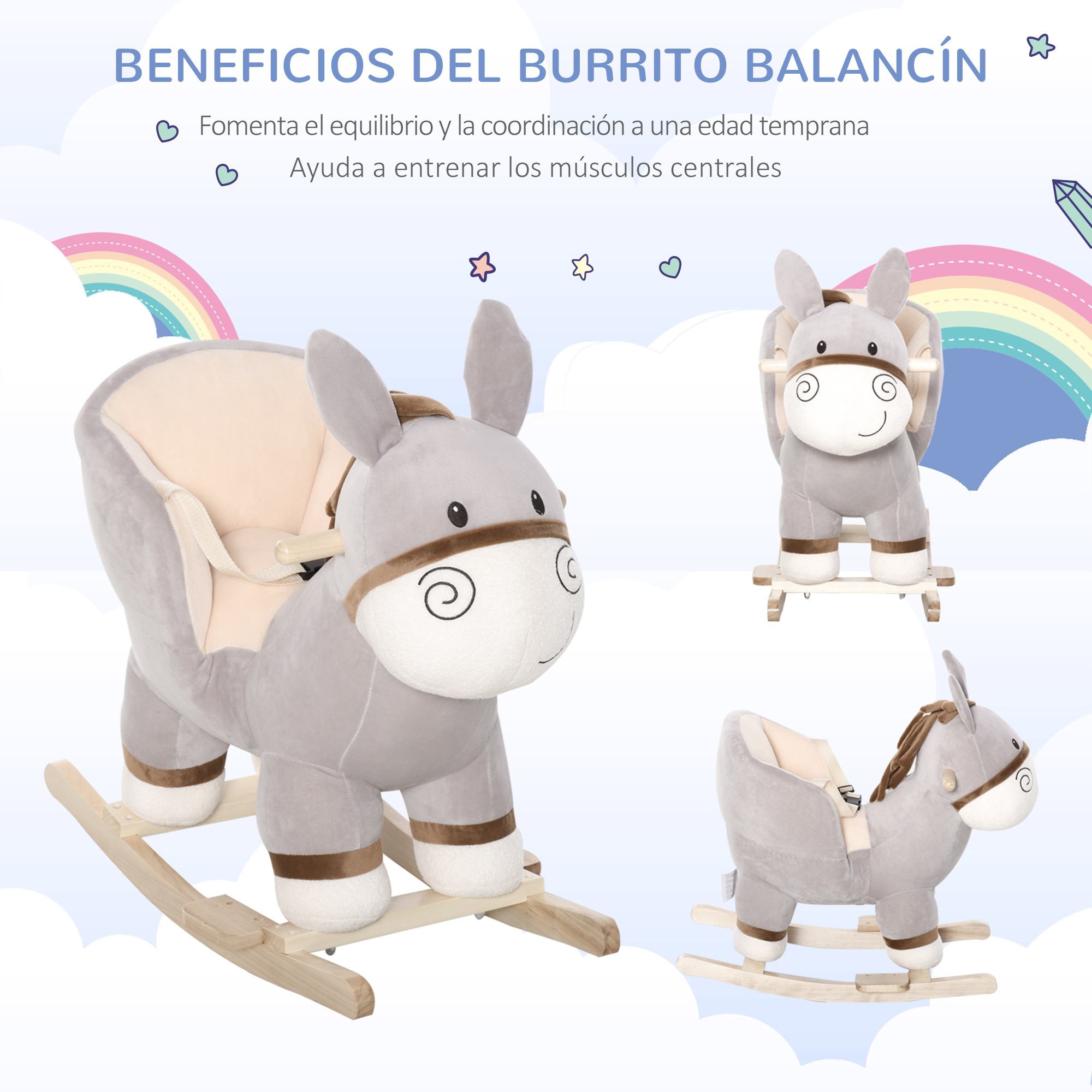 Juguete de burro gris de peluche para mecer con balancines de madera.