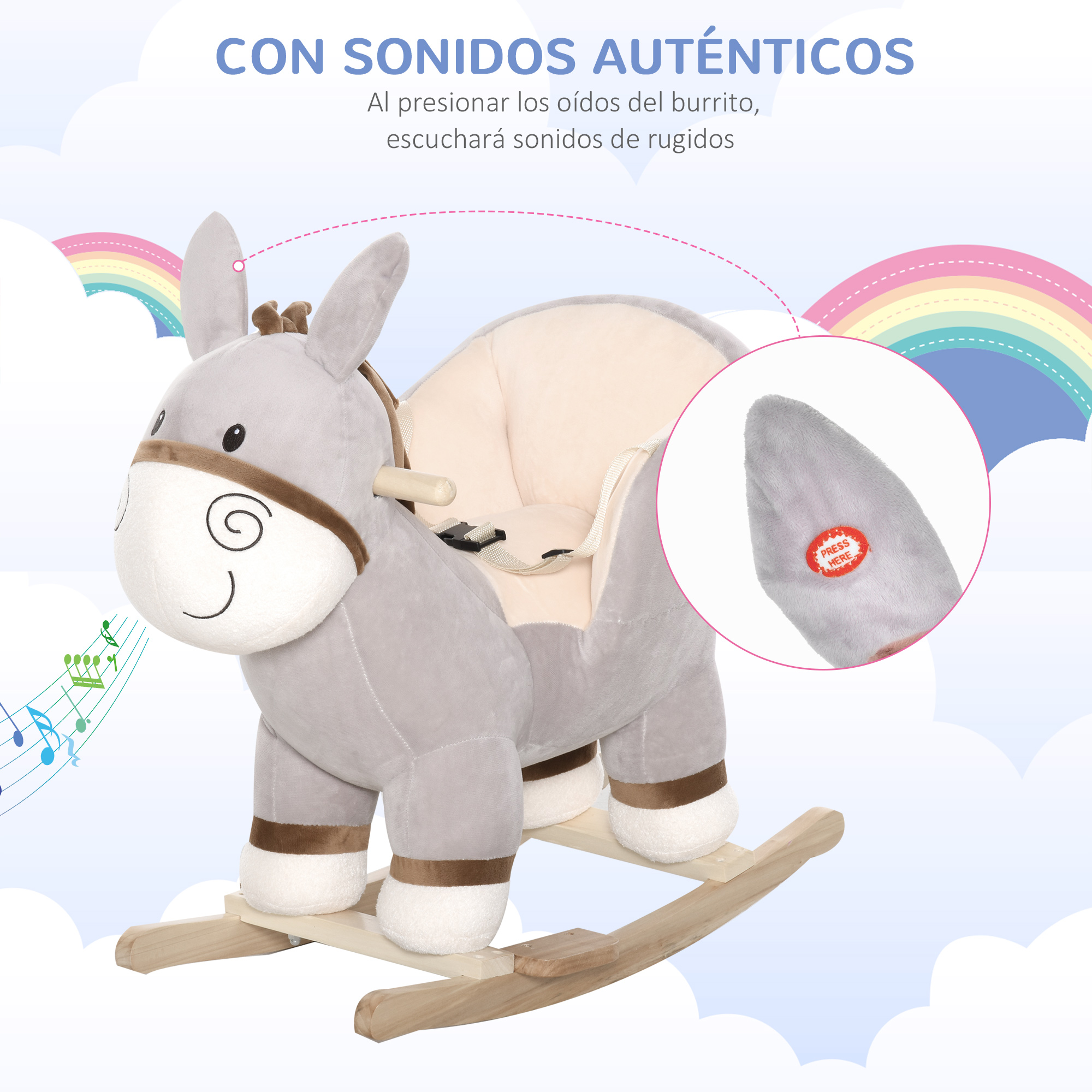 Balancín de burro de peluche gris con base de madera, arcoíris y notas.