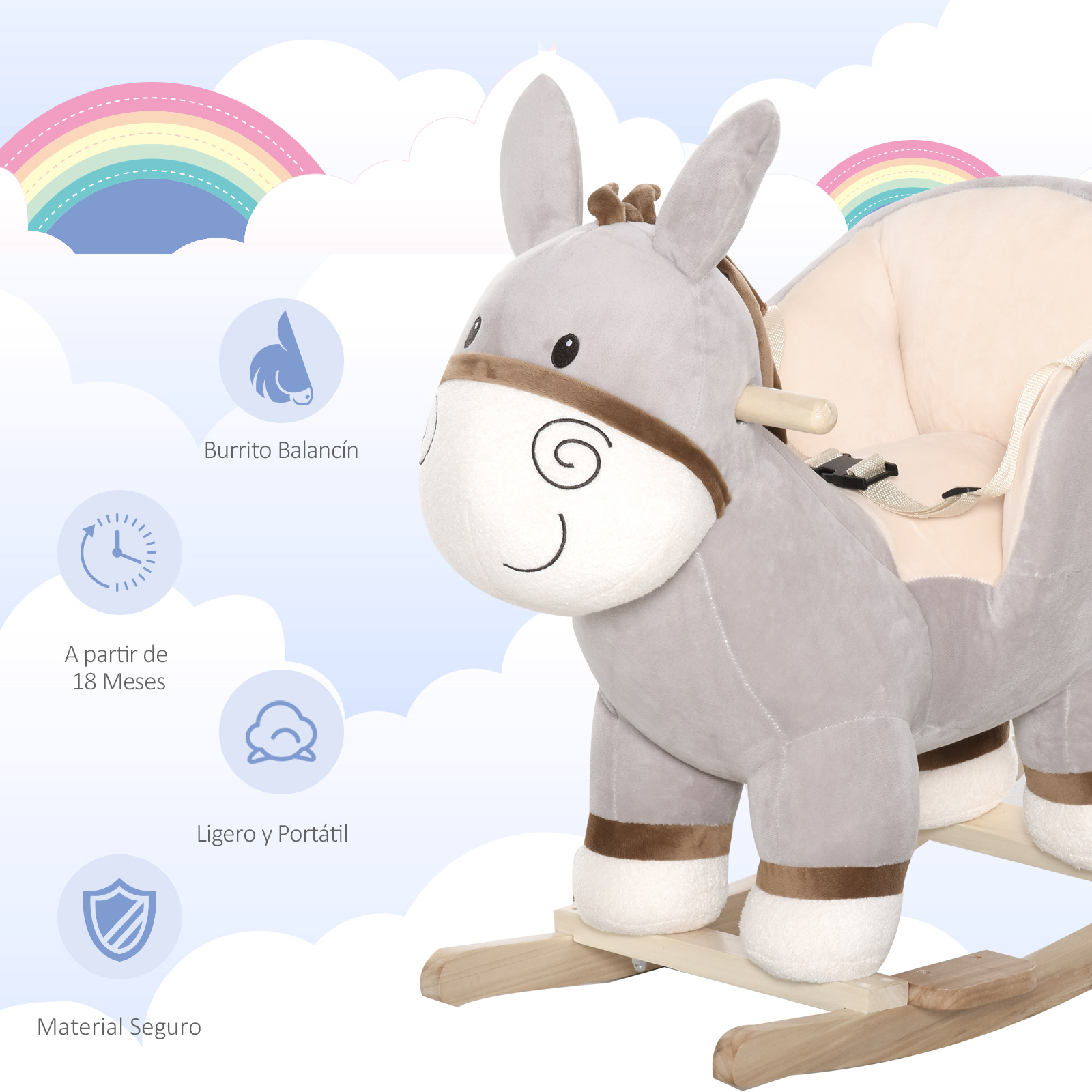 Un peluche de burro balancín gris con acentos marrones y asiento beige claro.
