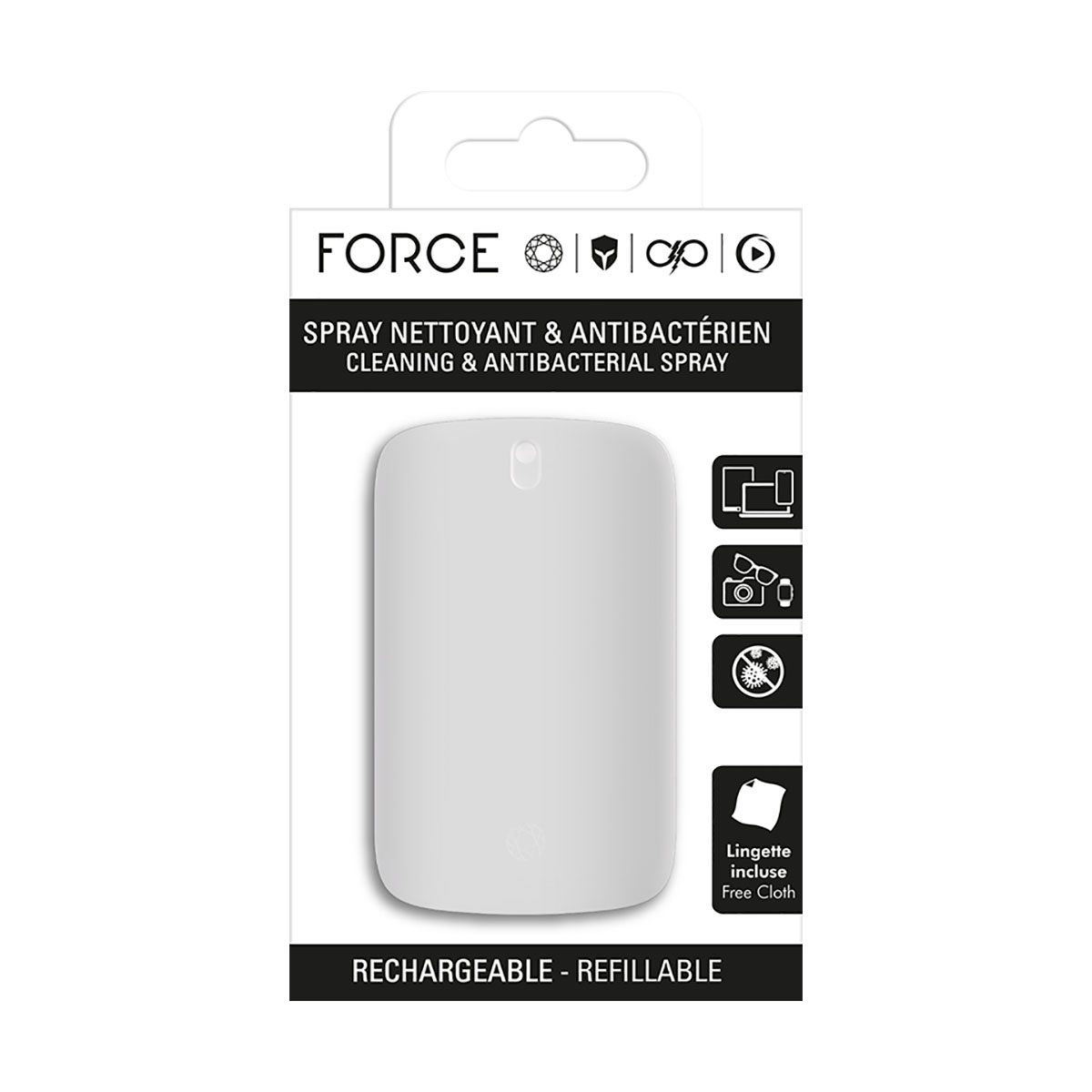 Confezione di uno spray pulente bianco con icone per dispositivi e un panno.