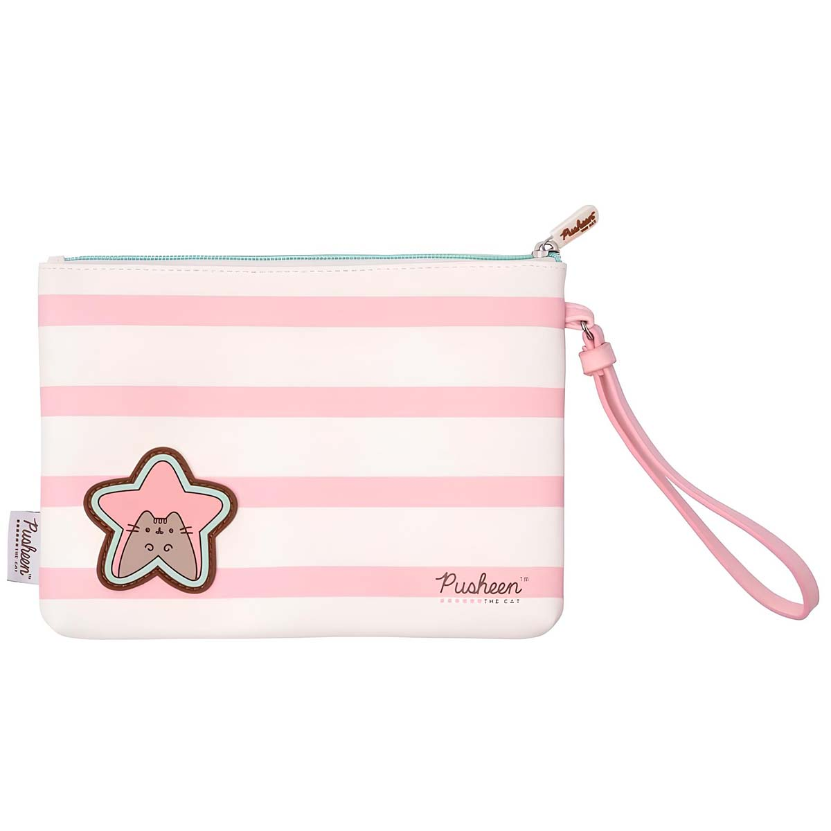 Una pochette a righe rosa con stemma a stella e logo Pusheen. Con cinturino.