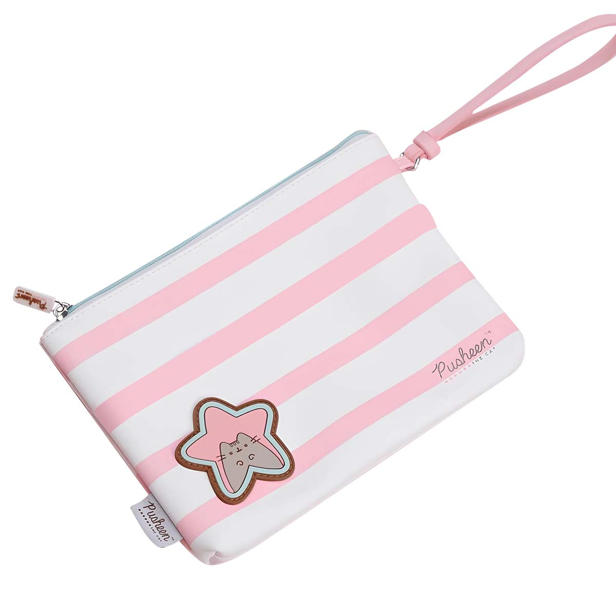 Una pochette a righe con patch di gatto Pusheen e cinturino da polso rosa.