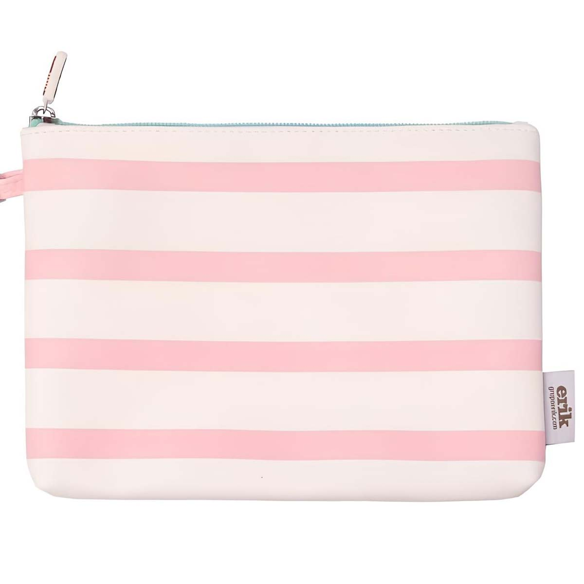 Beauty case a righe rosa e bianche con cerniera ed etichetta.