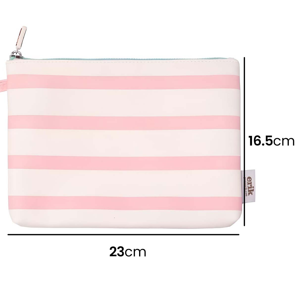 Una pochette a righe rosa e bianche con cerniera. Dimensioni 23cm x 16.5cm.