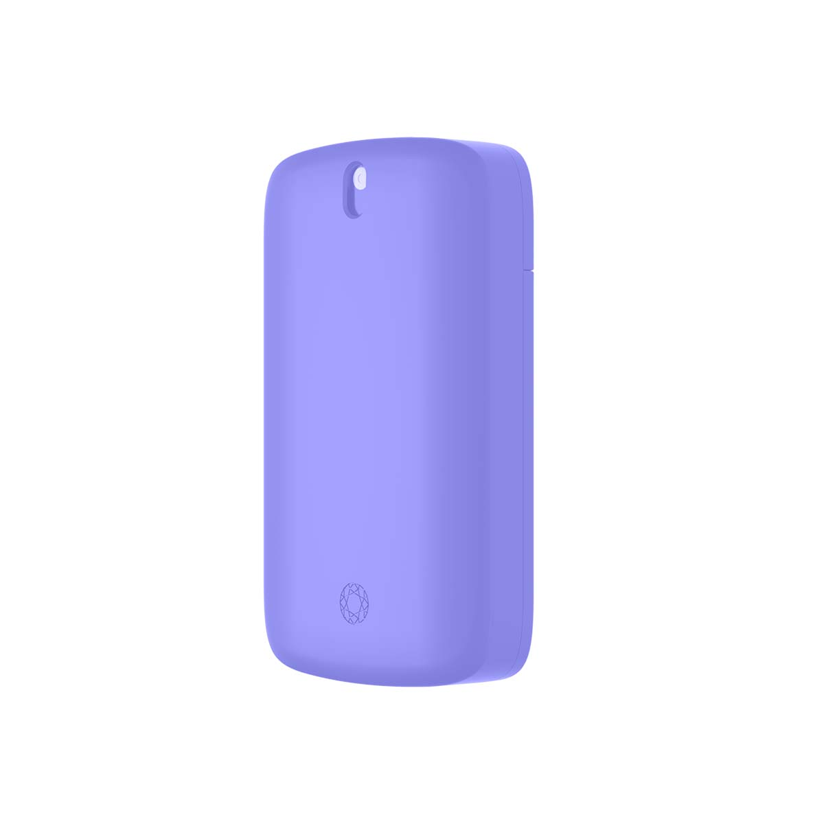 Un flacone spray viola con ugello spray argentato e motivo a rombi in basso.
