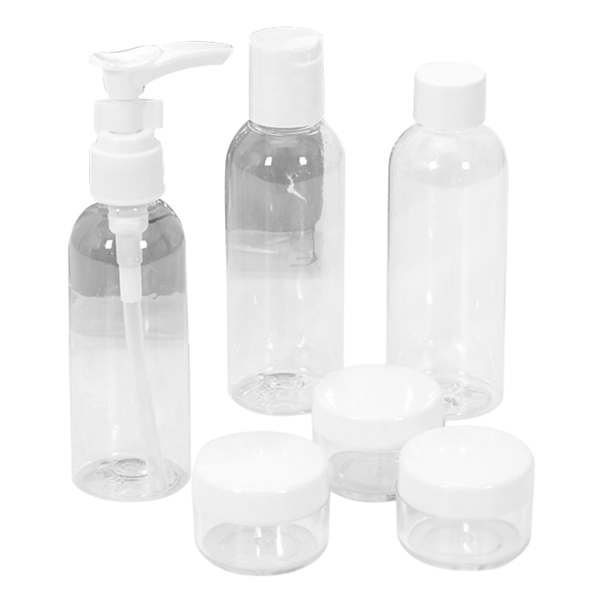 Bottiglie e barattoli in plastica trasparente con tappi bianchi, incl. pompa.