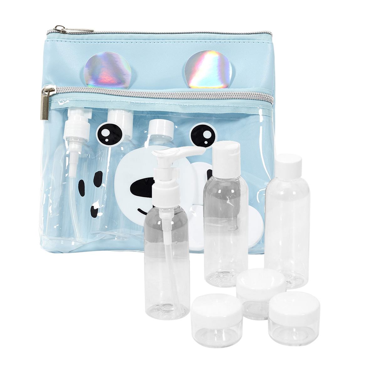 Una trousse da toilette azzurra con faccia d'orso e flaconi trasparenti.