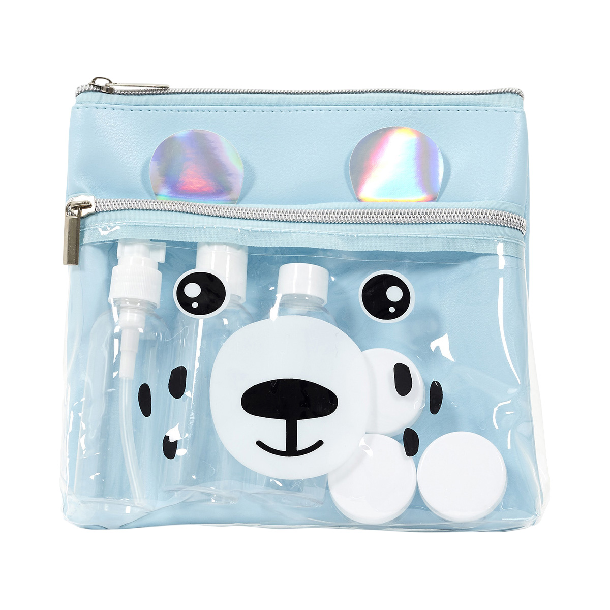 Beauty case azzurro con scomparto trasparente, a forma di orsacchiotto.