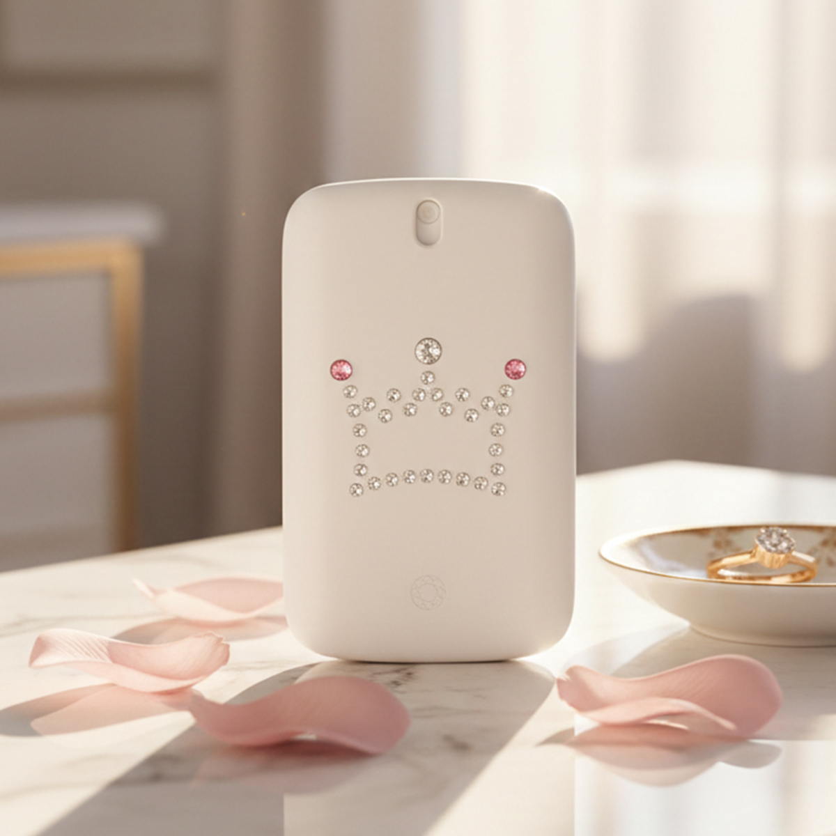 Uno smartphone bianco decorato con una corona di gioielli, con petali di rosa vicini.