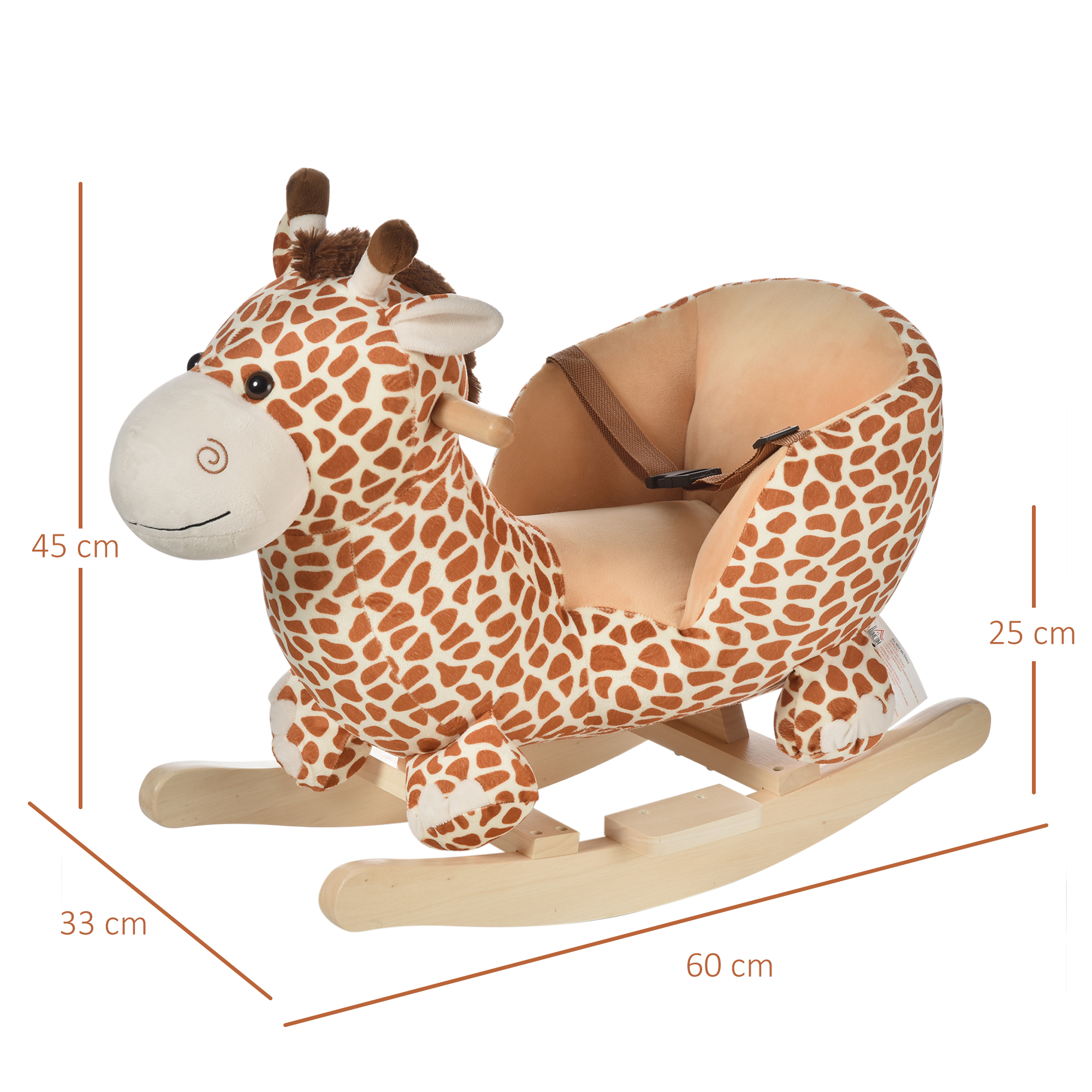 Un caballito balancín de jirafa de peluche con base de madera y arnés.
