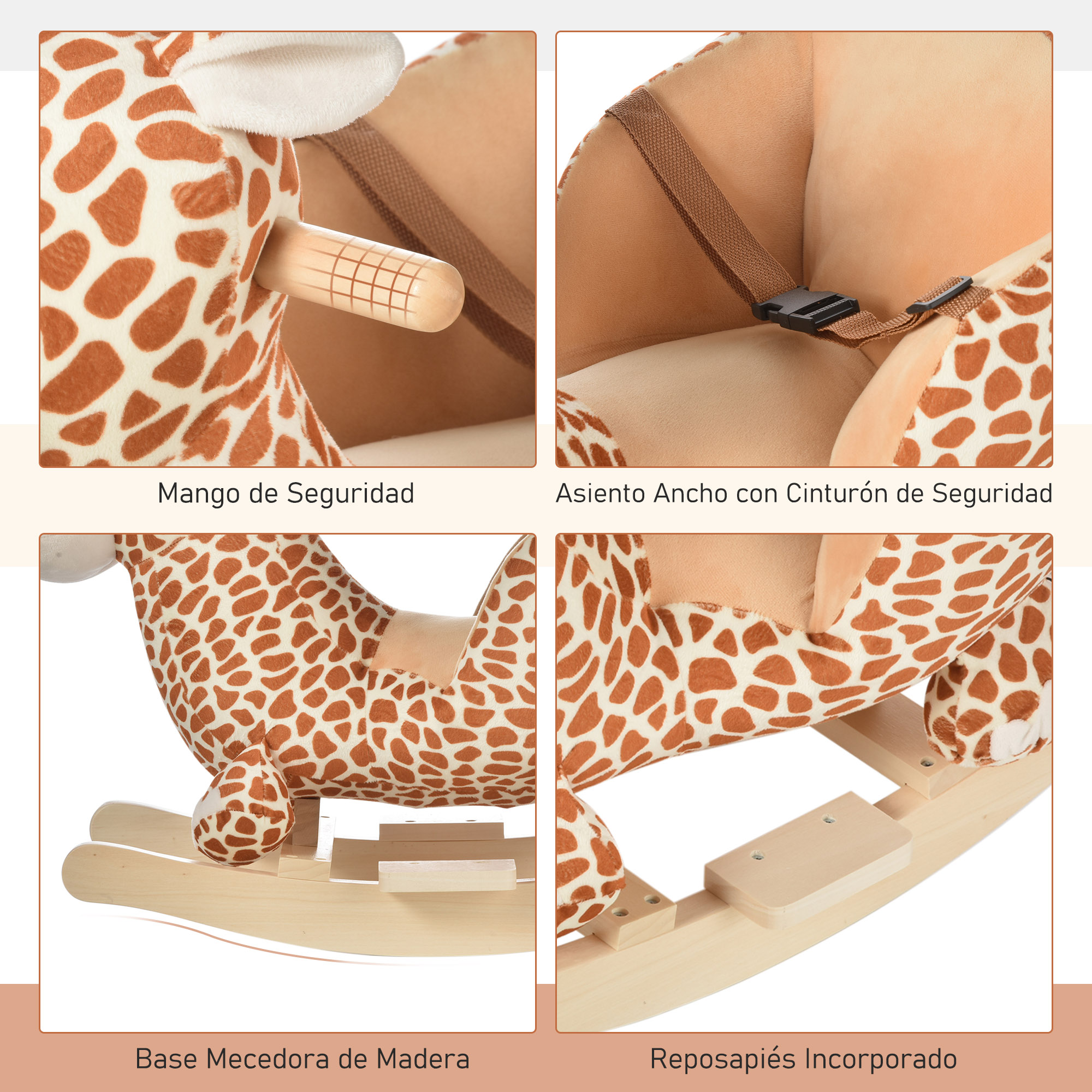 B Balanceador de jirafa de peluche con base de madera y cinturón.