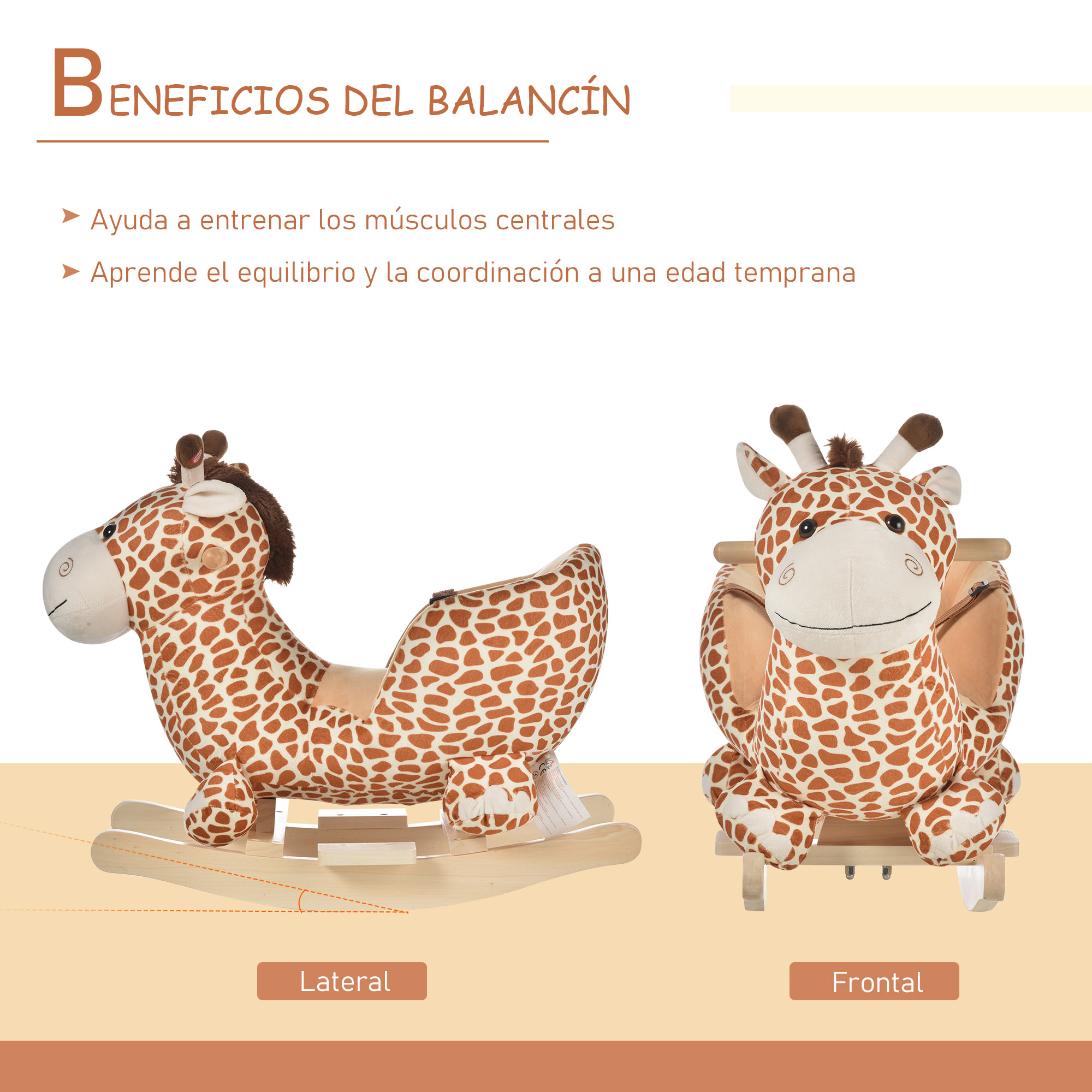 Un peluche de jirafa balancín mostrado de lado y de frente. Tiene manchas marrones y balancines de madera.