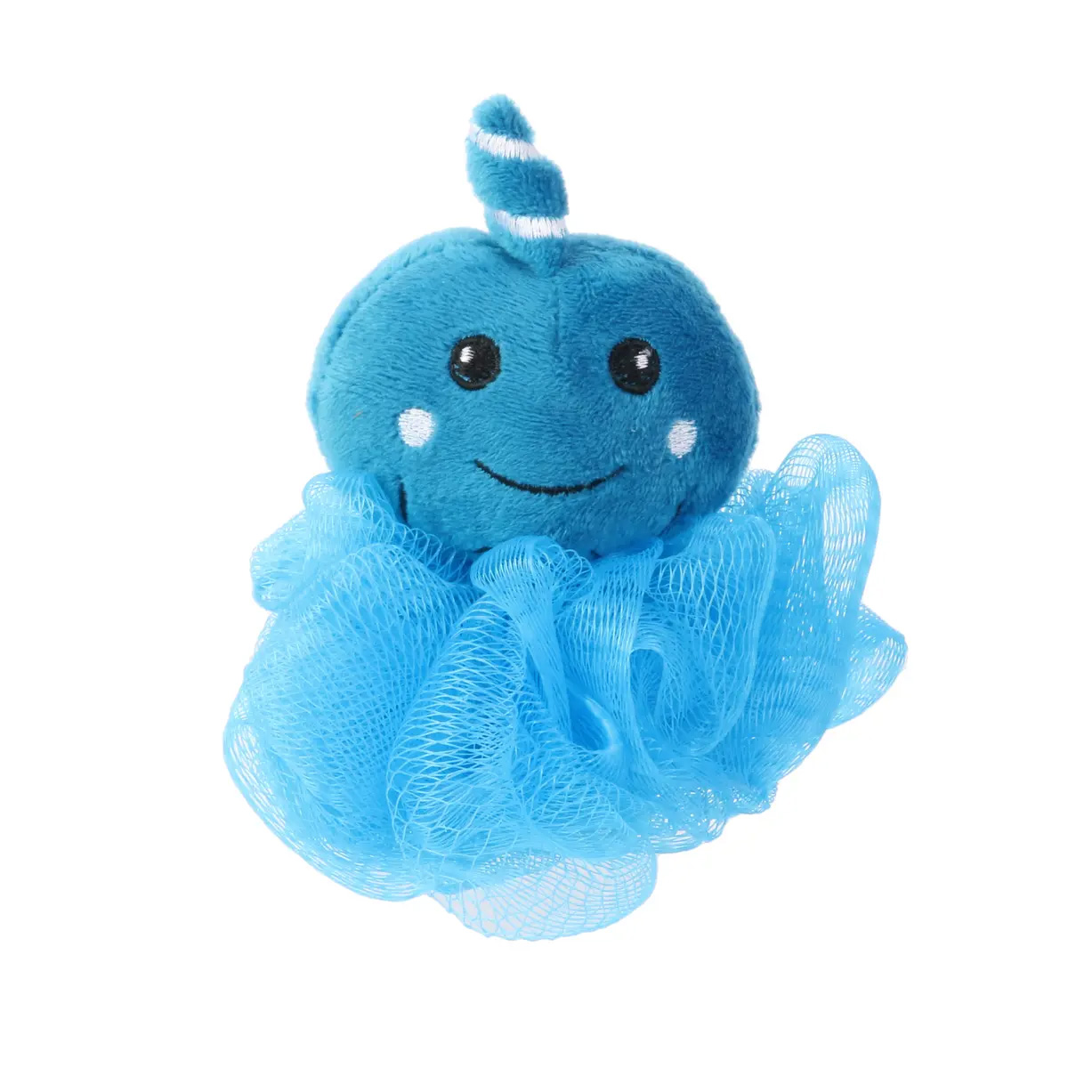 Un soffione da bagno blu con testa di peluche sorridente.